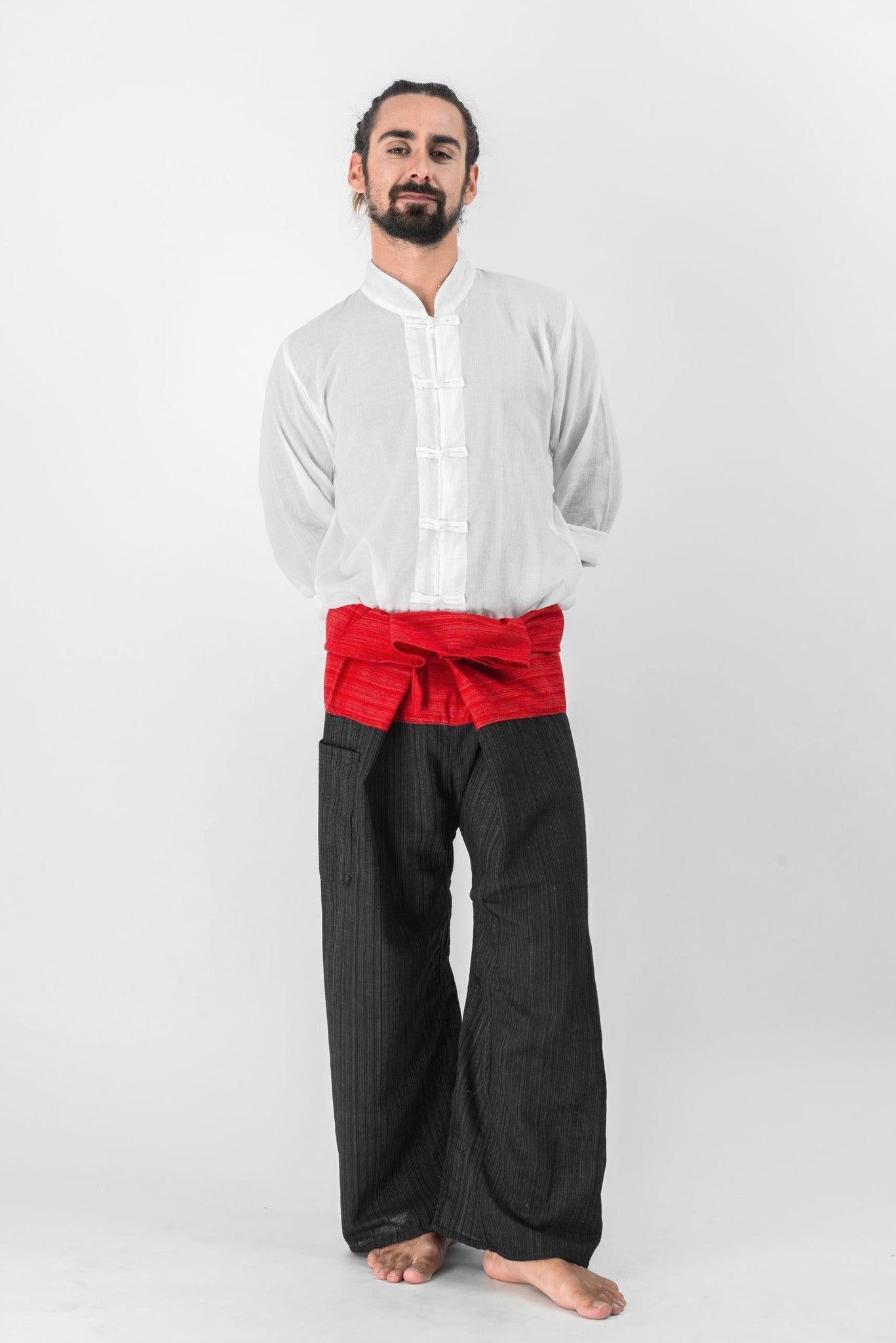 Unisex 2-Tone Pinstripes Thai Fisherman Pants in Black Red