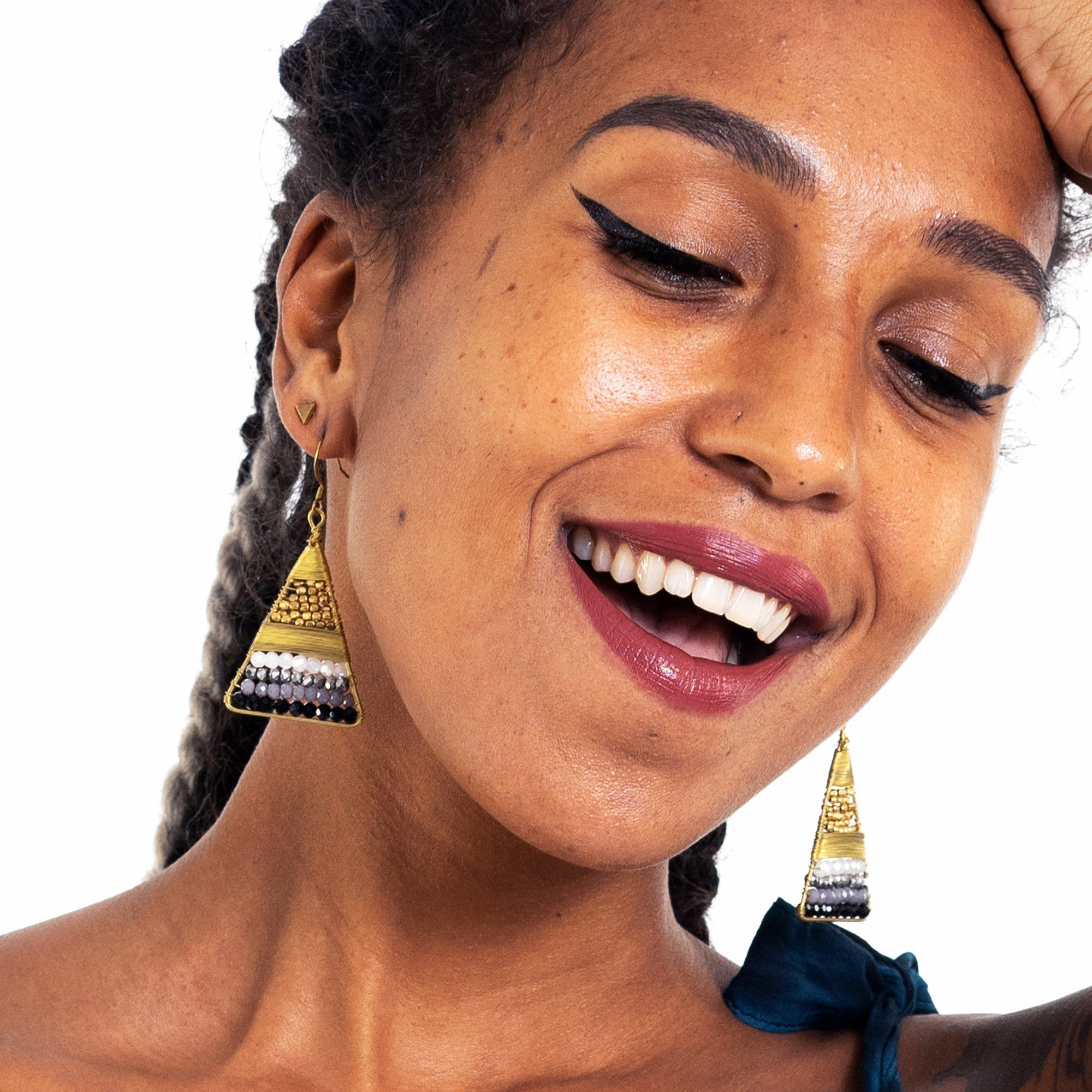 Triangle Black Beads Brass Earrings