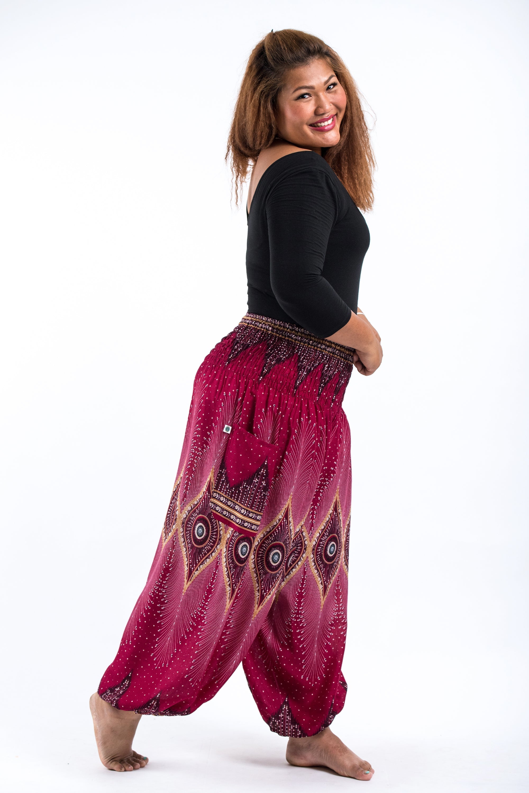 Plus Size Diamond Peacock Women's Harem Pants in Red