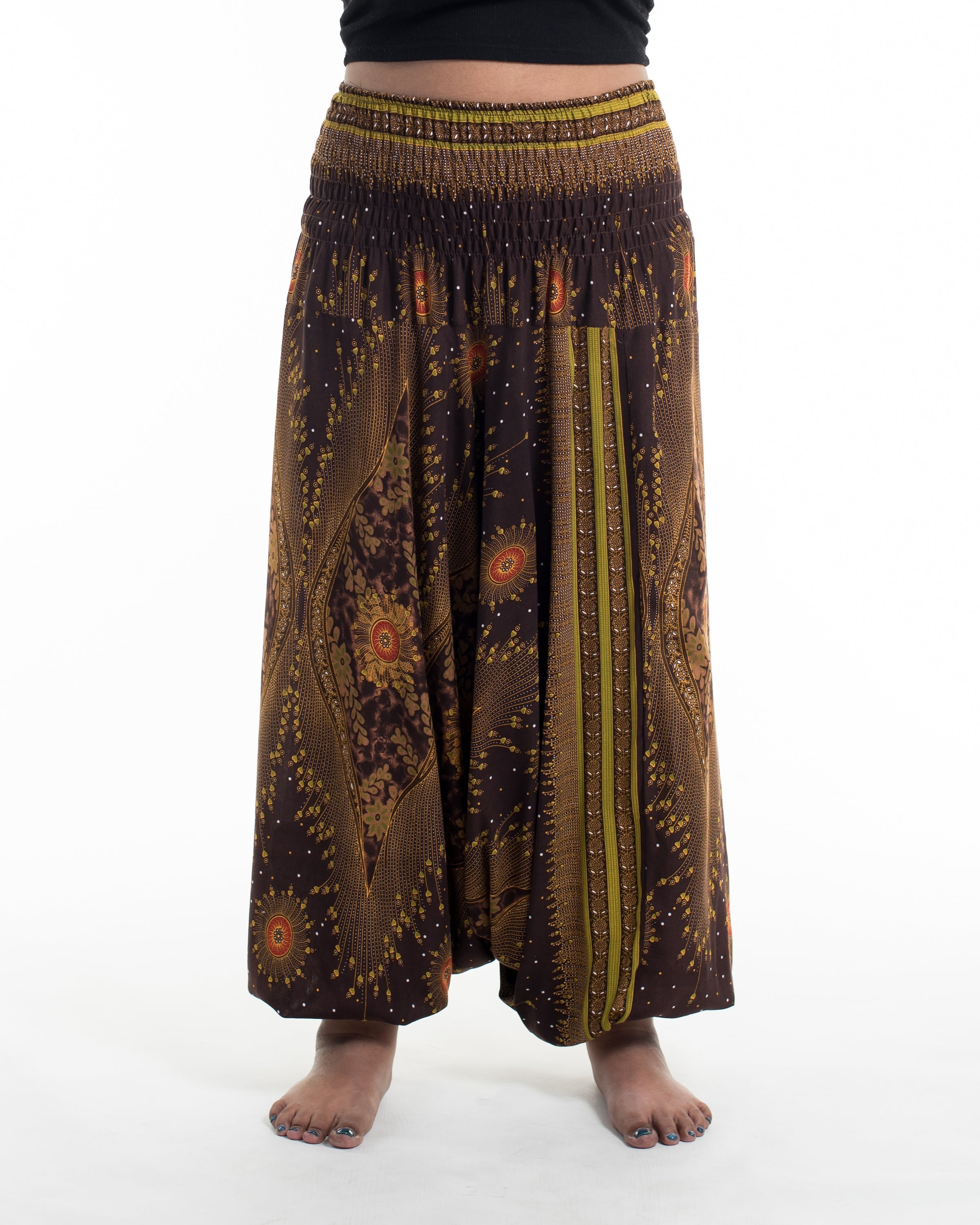 Plus Size Peacock Eyes 2-in-1 Jumpsuit Harem Pants in Brown