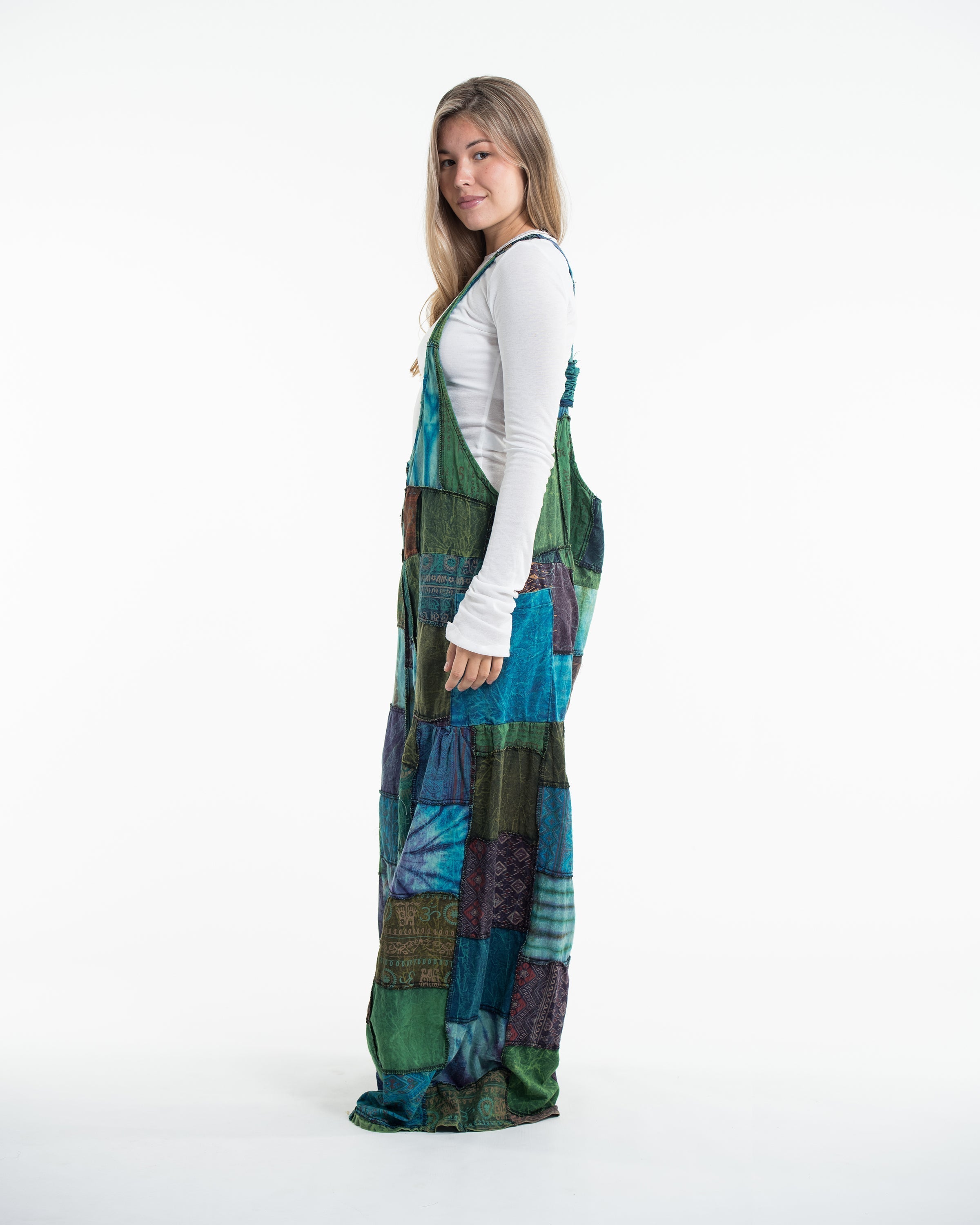 Baggy Style Patchwork Stonewash Overall in Multi Blue