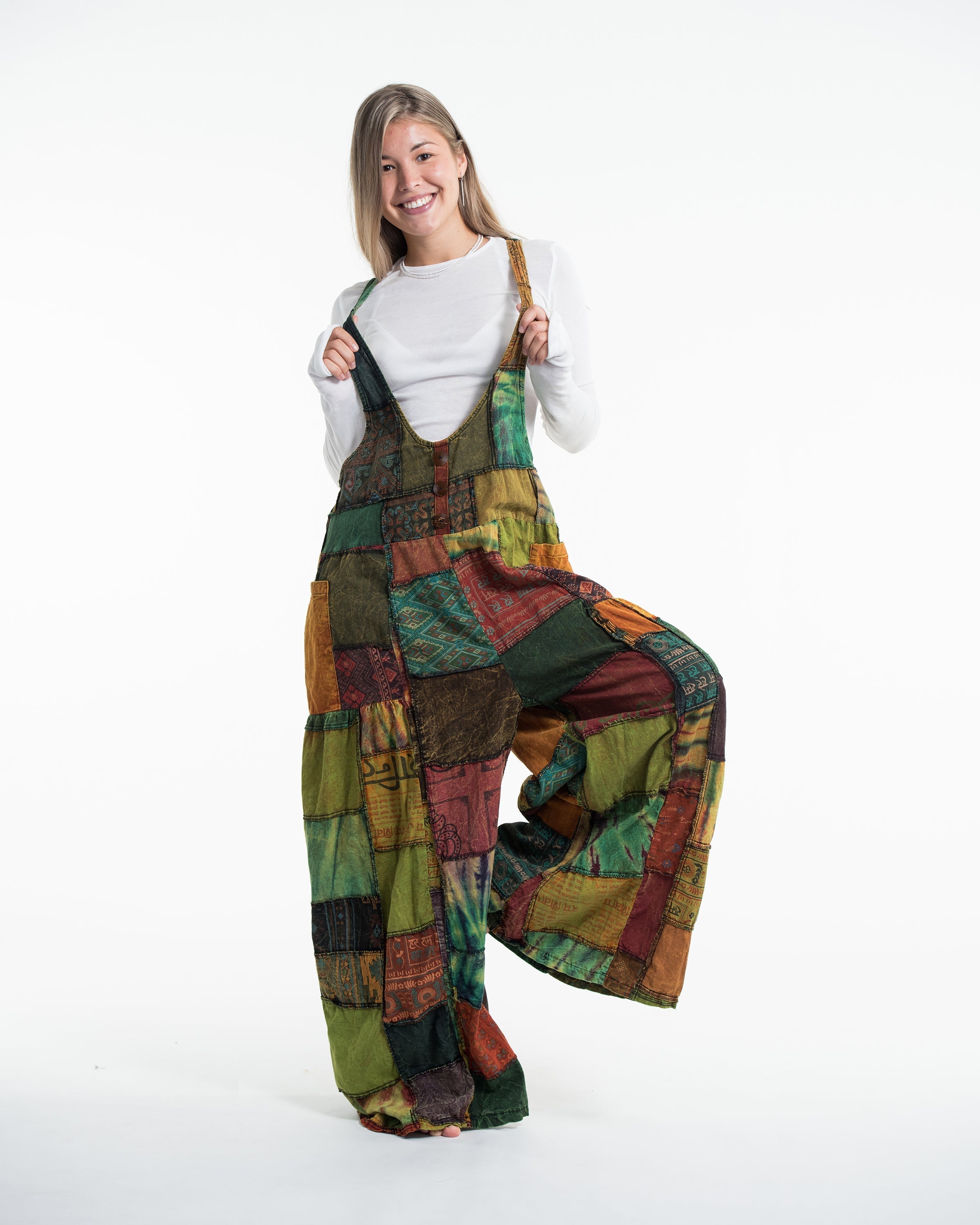 Baggy Style Patchwork Stonewash Overall in Multi Orange
