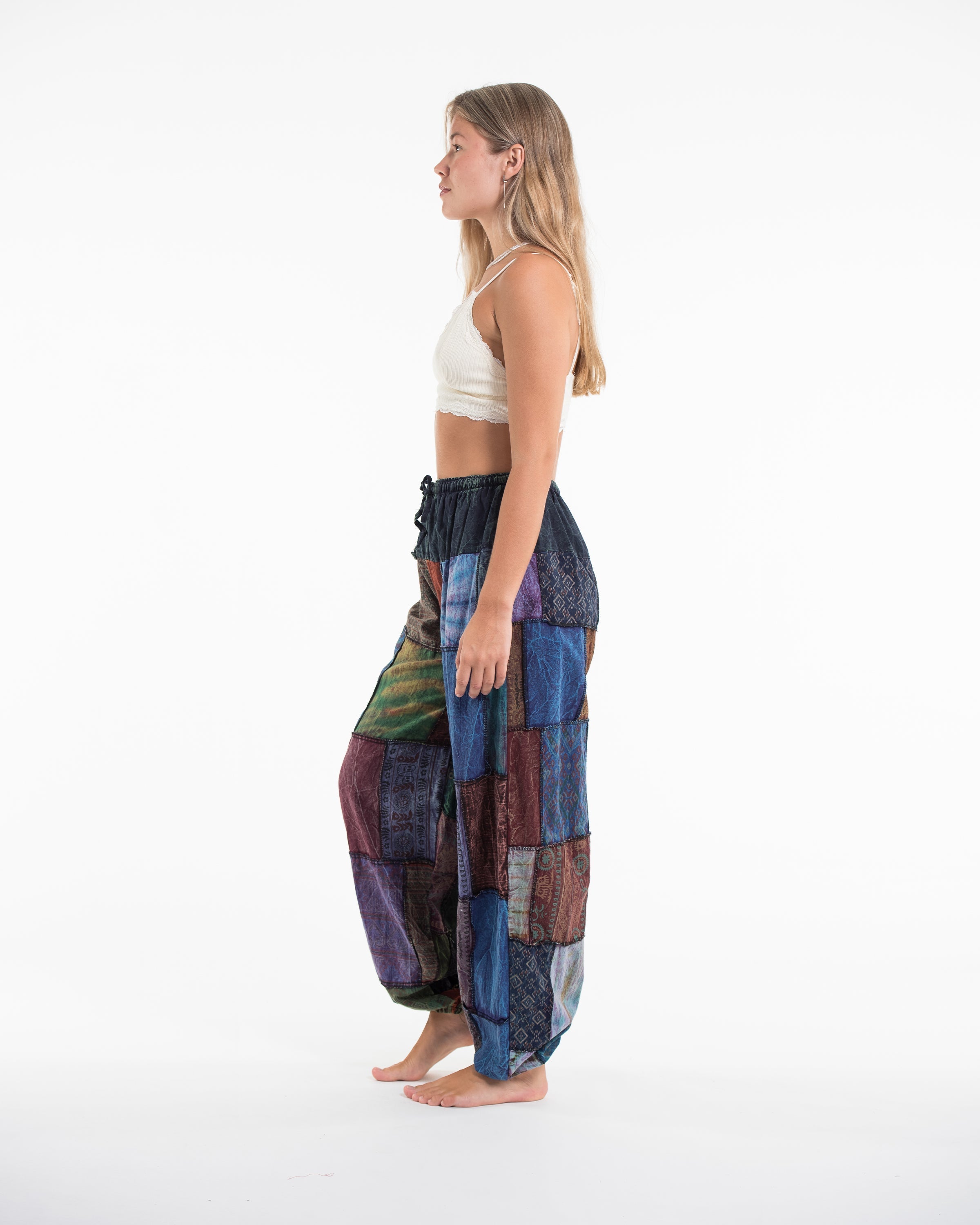 Women's Patchwork Stone Washed Balloon Cotton Pants in Blue