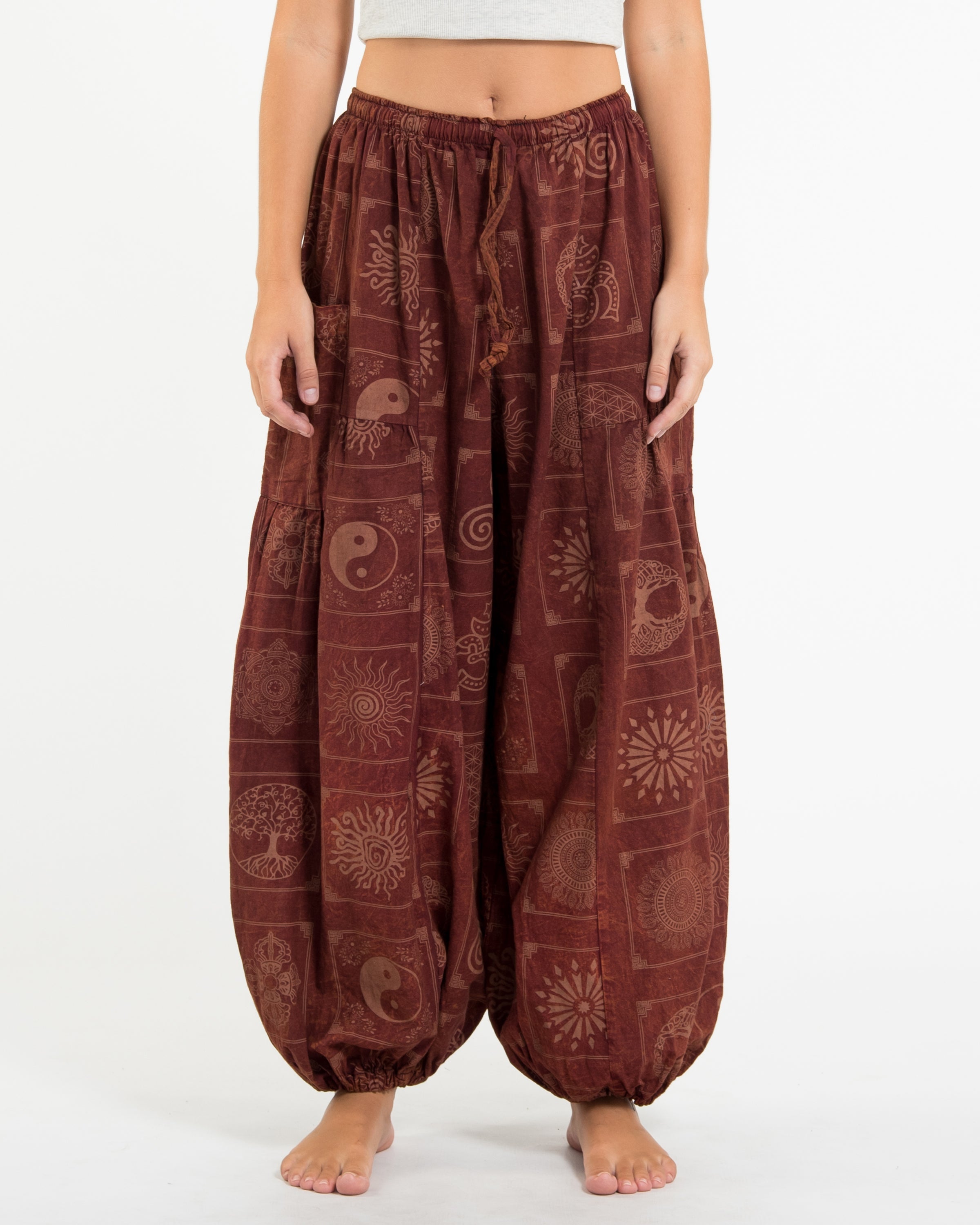 Women's Block Print Stone Washed Balloon Cotton Pants in Rust