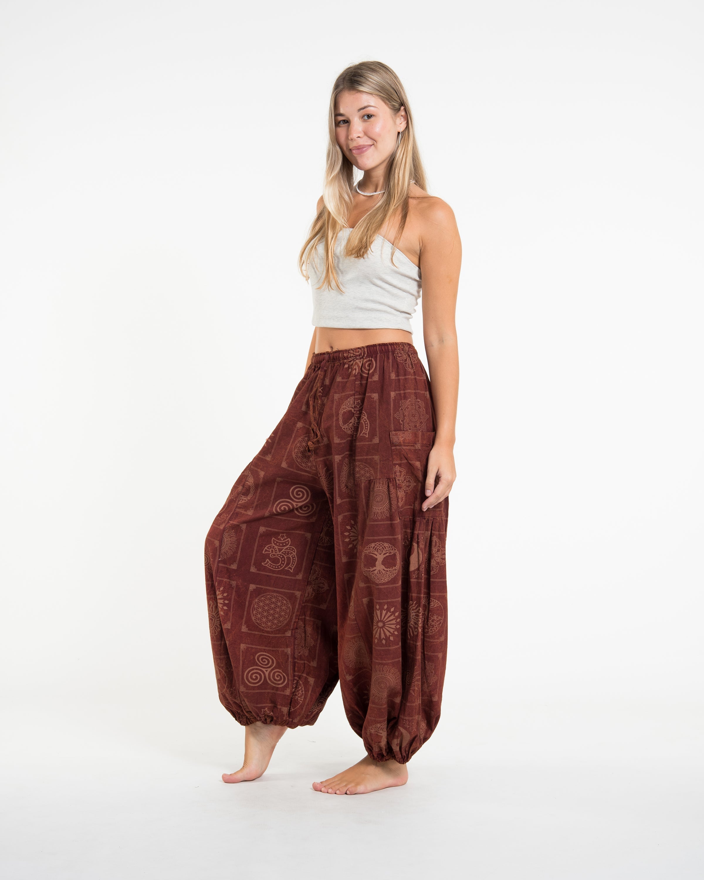 Women's Block Print Stone Washed Balloon Cotton Pants in Rust