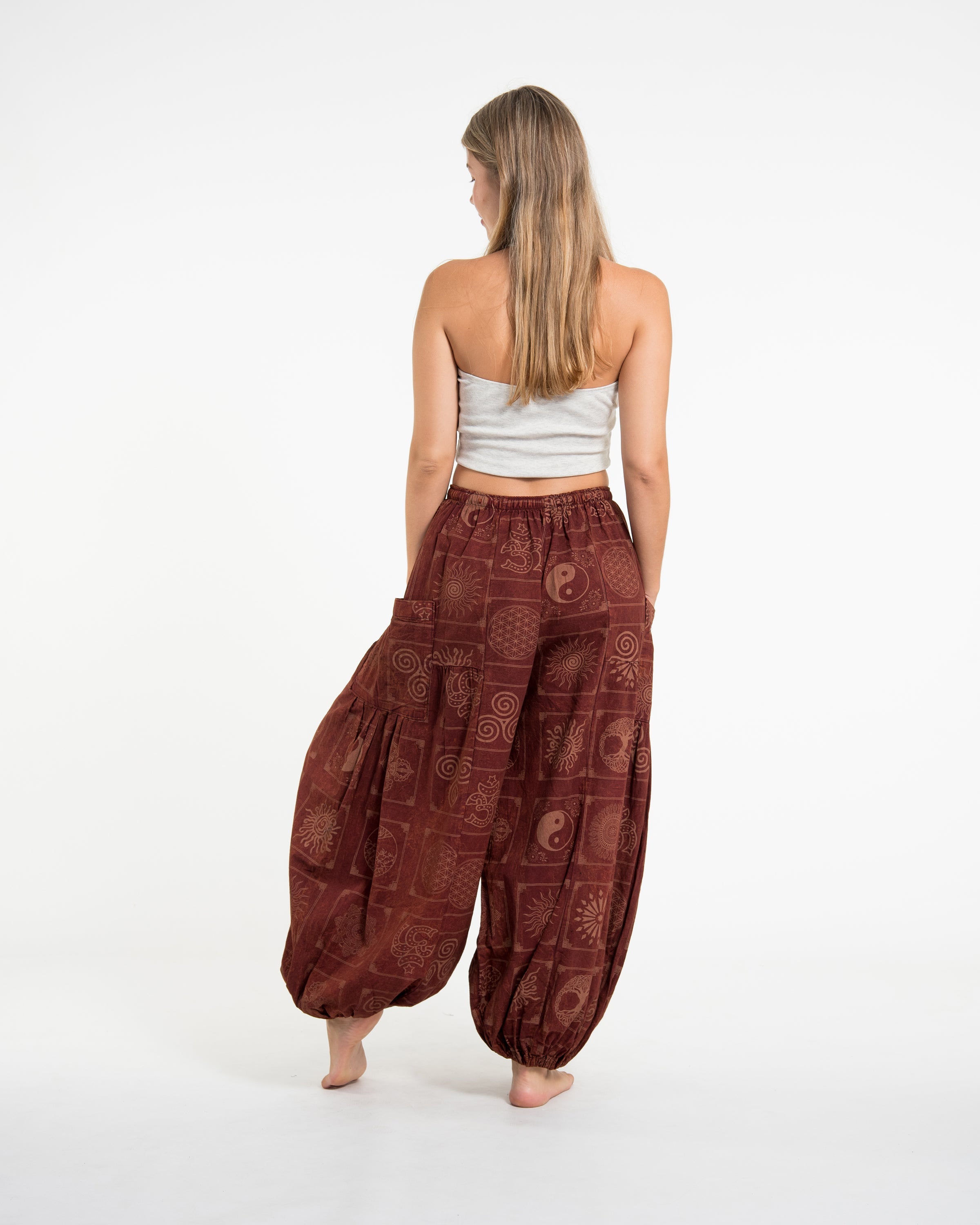 Women's Block Print Stone Washed Balloon Cotton Pants in Rust