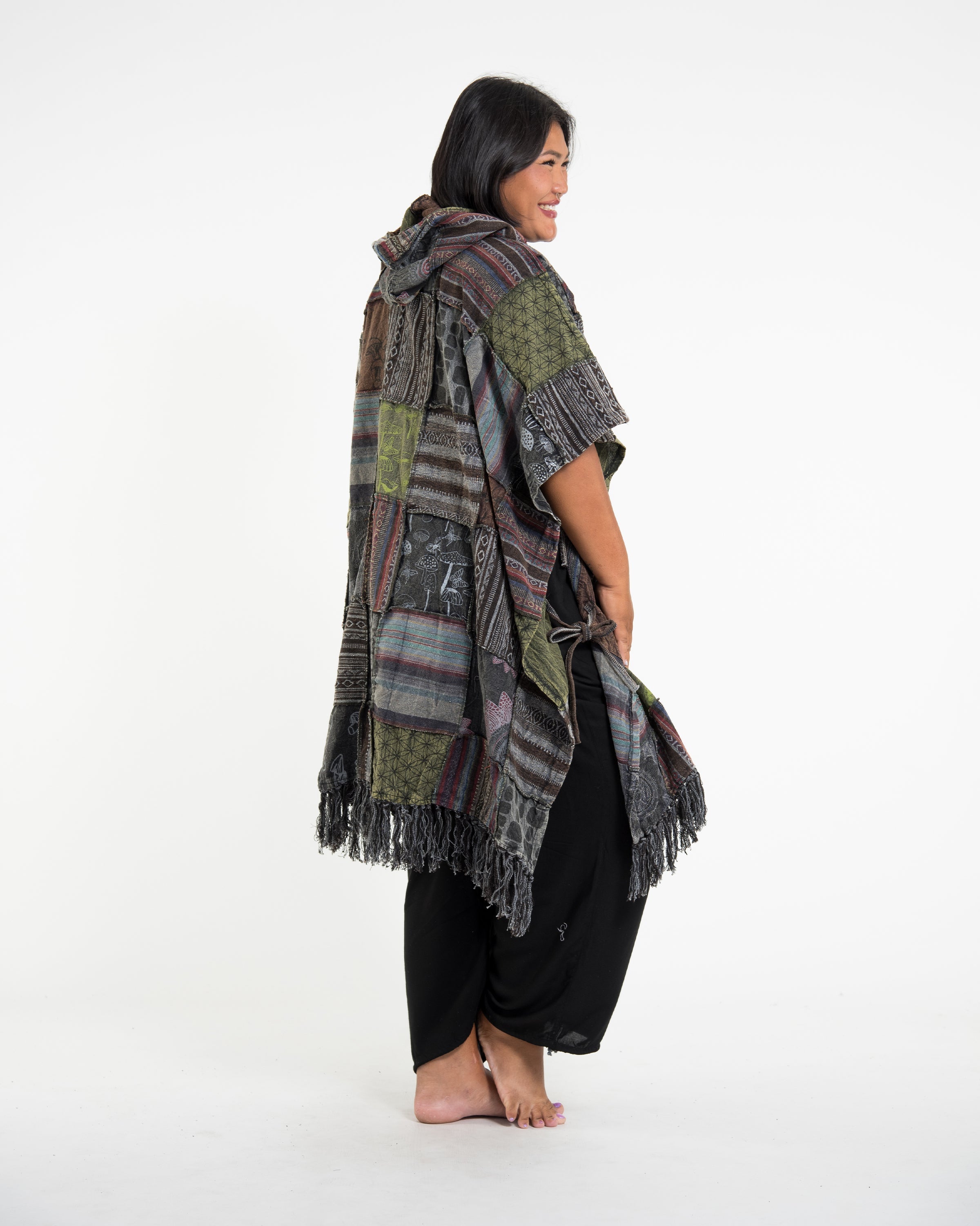 Unisex Patchwork Stonewash Hooded Poncho in Black