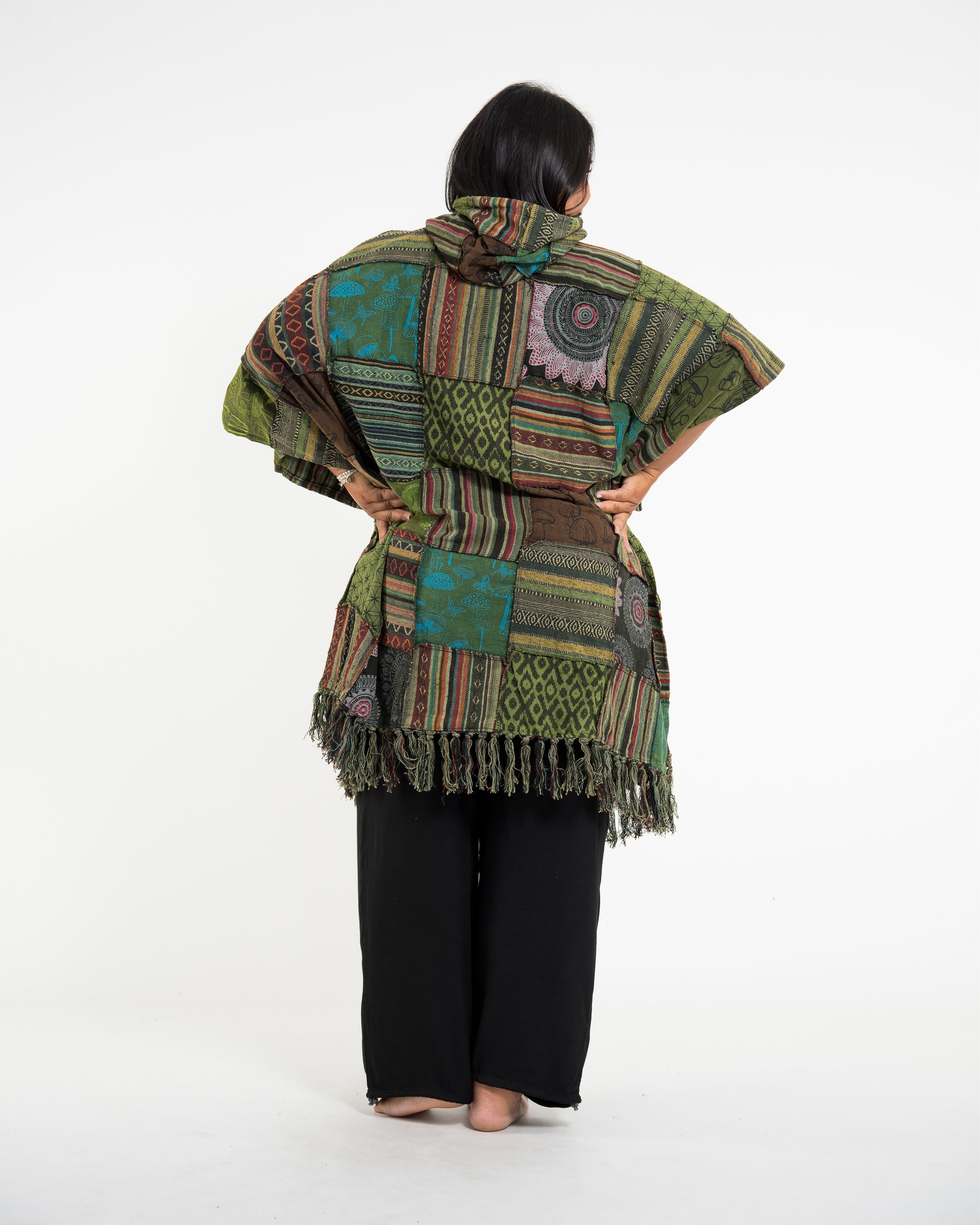 Unisex Patchwork Stonewash Hooded Poncho in Green