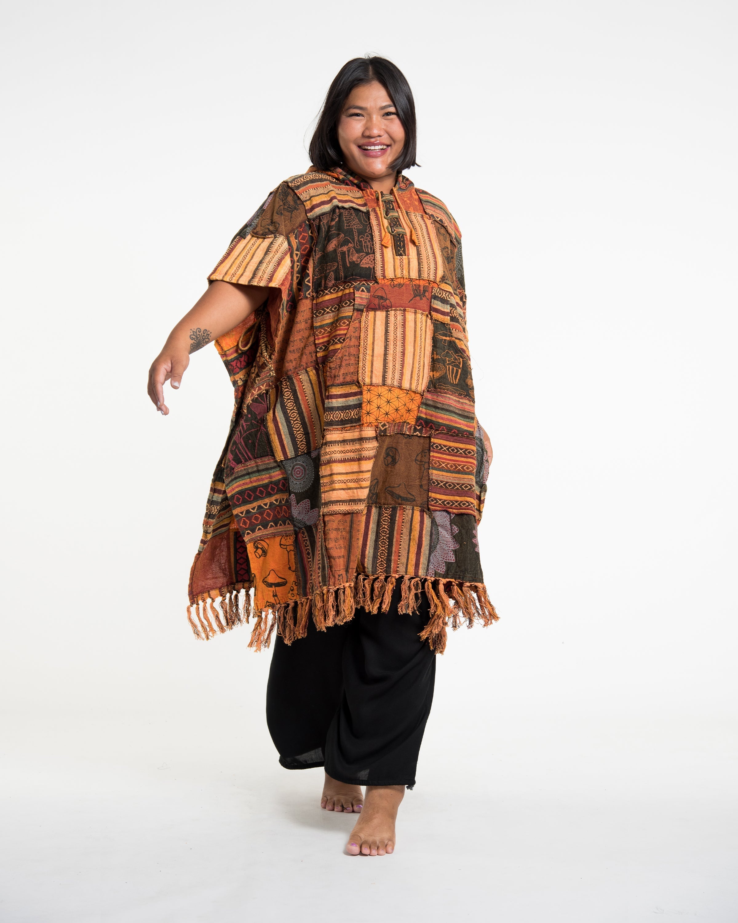 Unisex Patchwork Stonewash Hooded Poncho in Orange