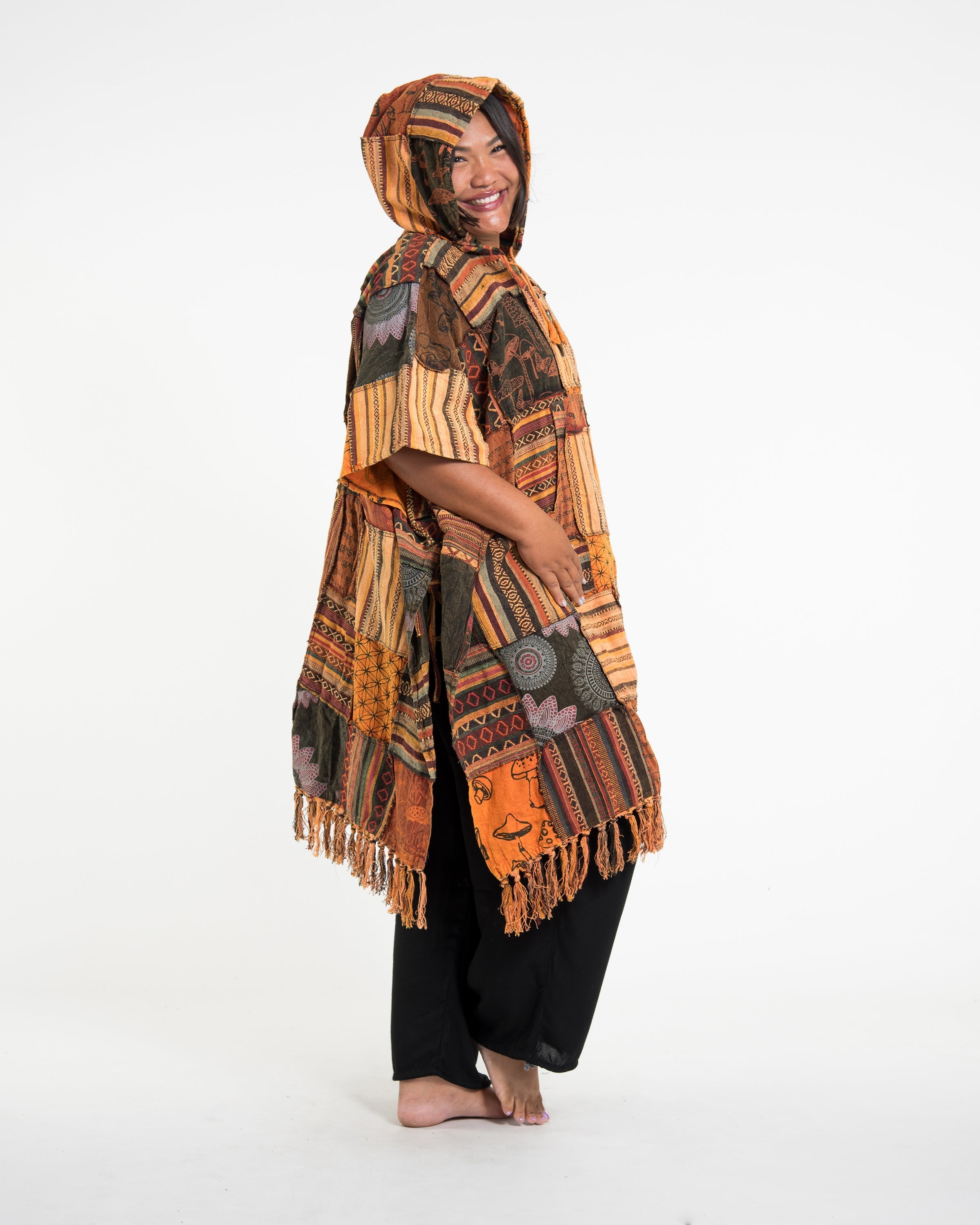 Unisex Patchwork Stonewash Hooded Poncho in Orange