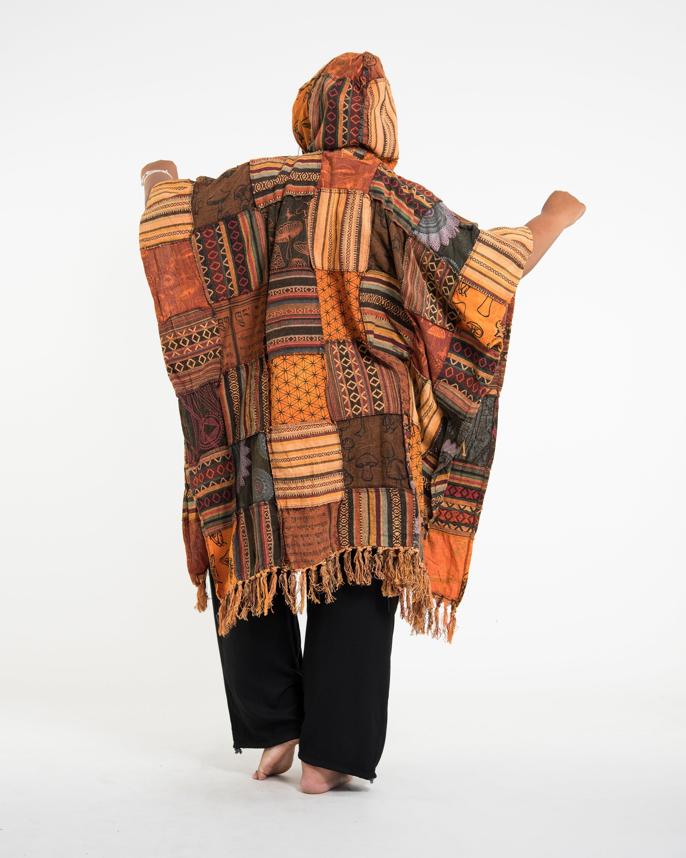 Unisex Patchwork Stonewash Hooded Poncho in Orange