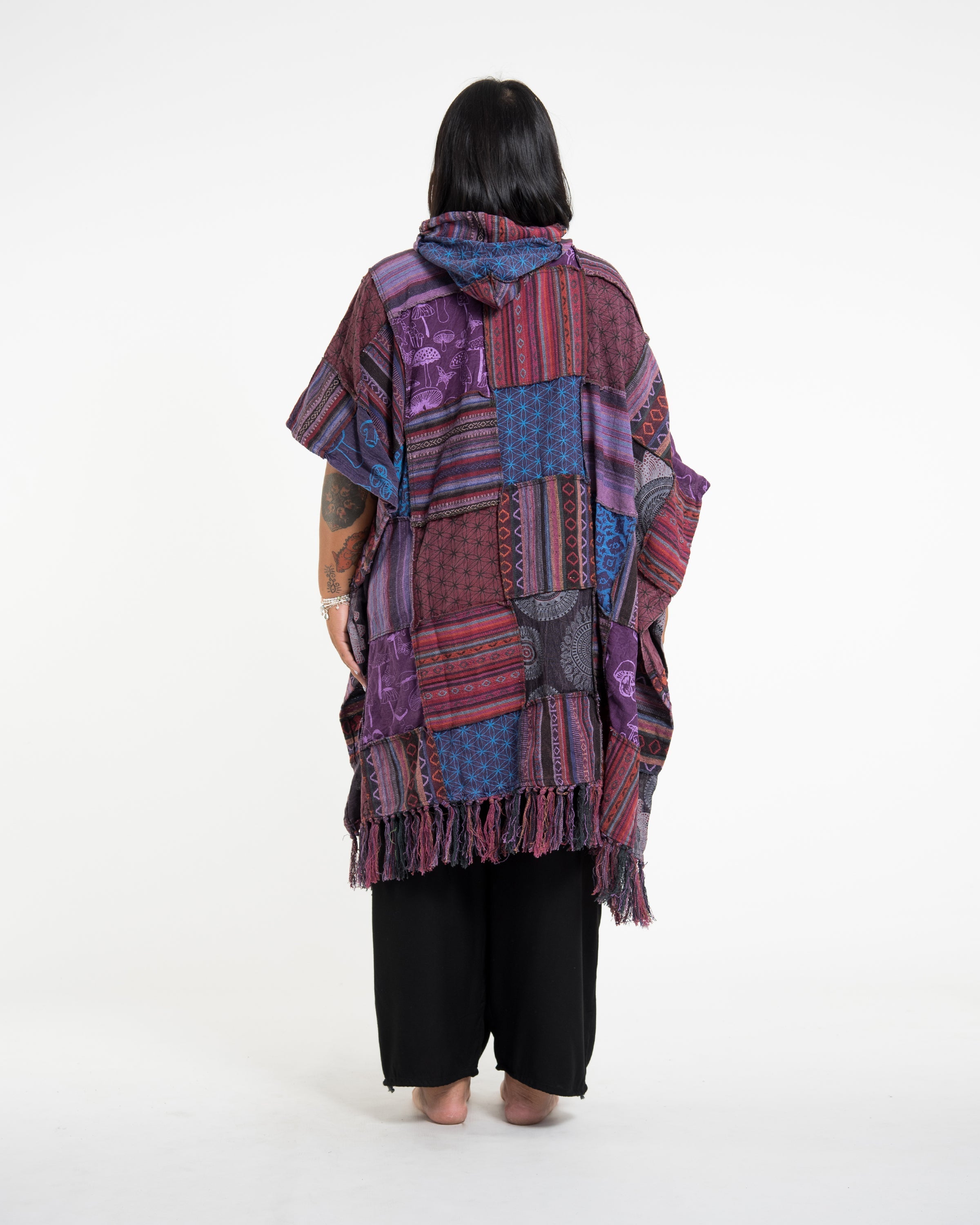 Unisex Patchwork Stonewash Hooded Poncho in Purple