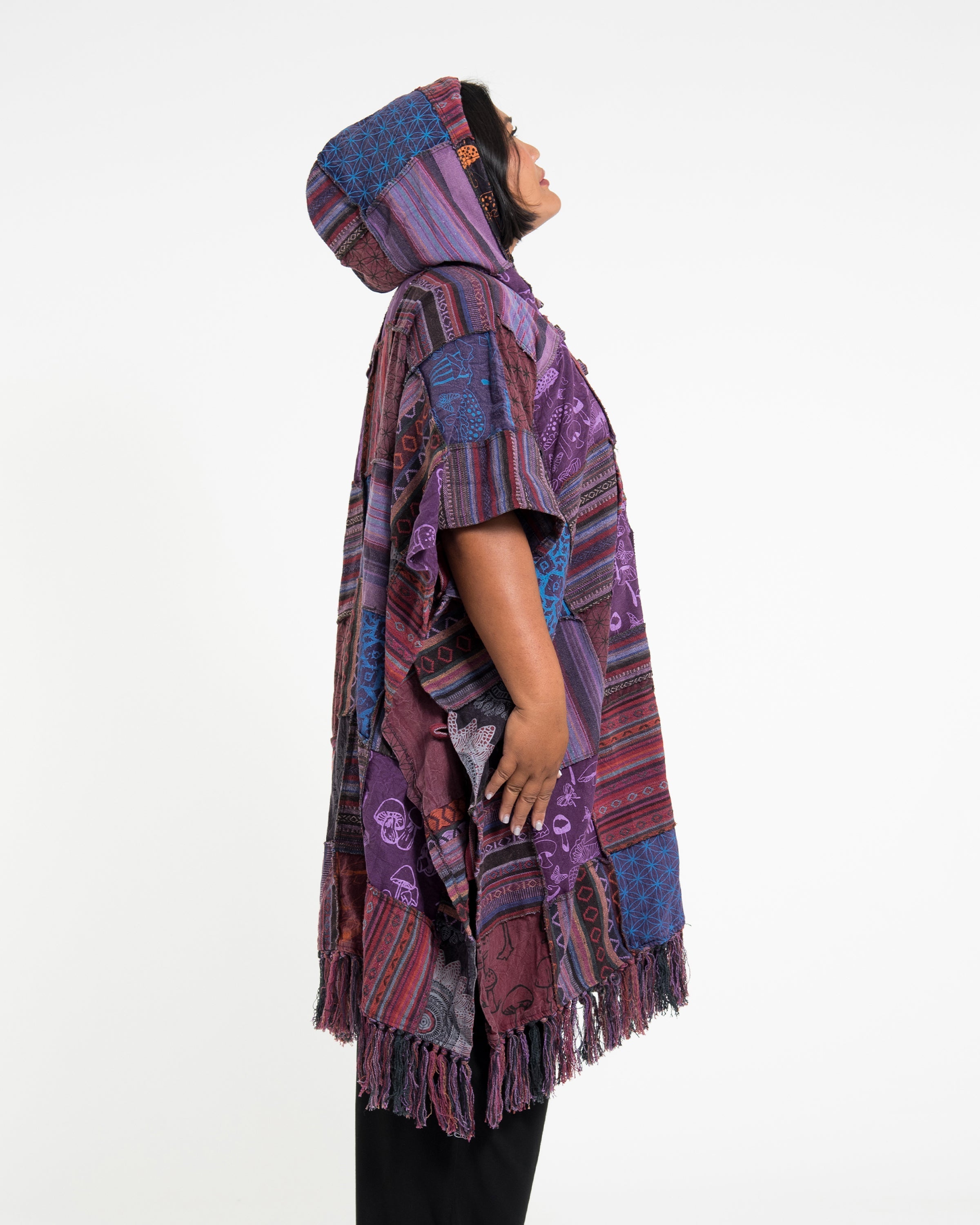 Unisex Patchwork Stonewash Hooded Poncho in Purple