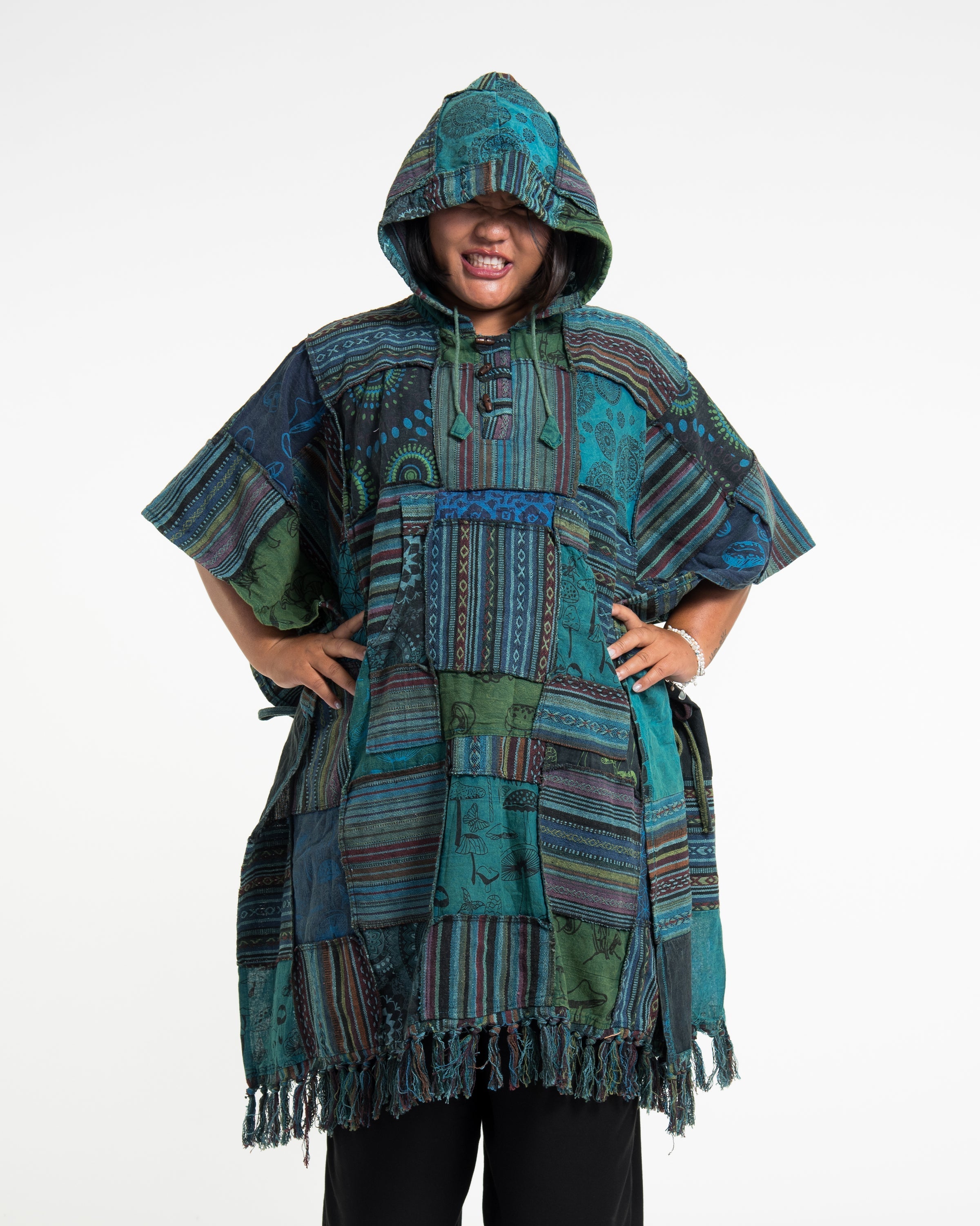 Unisex Patchwork Stonewash Hooded Poncho in Turquoise