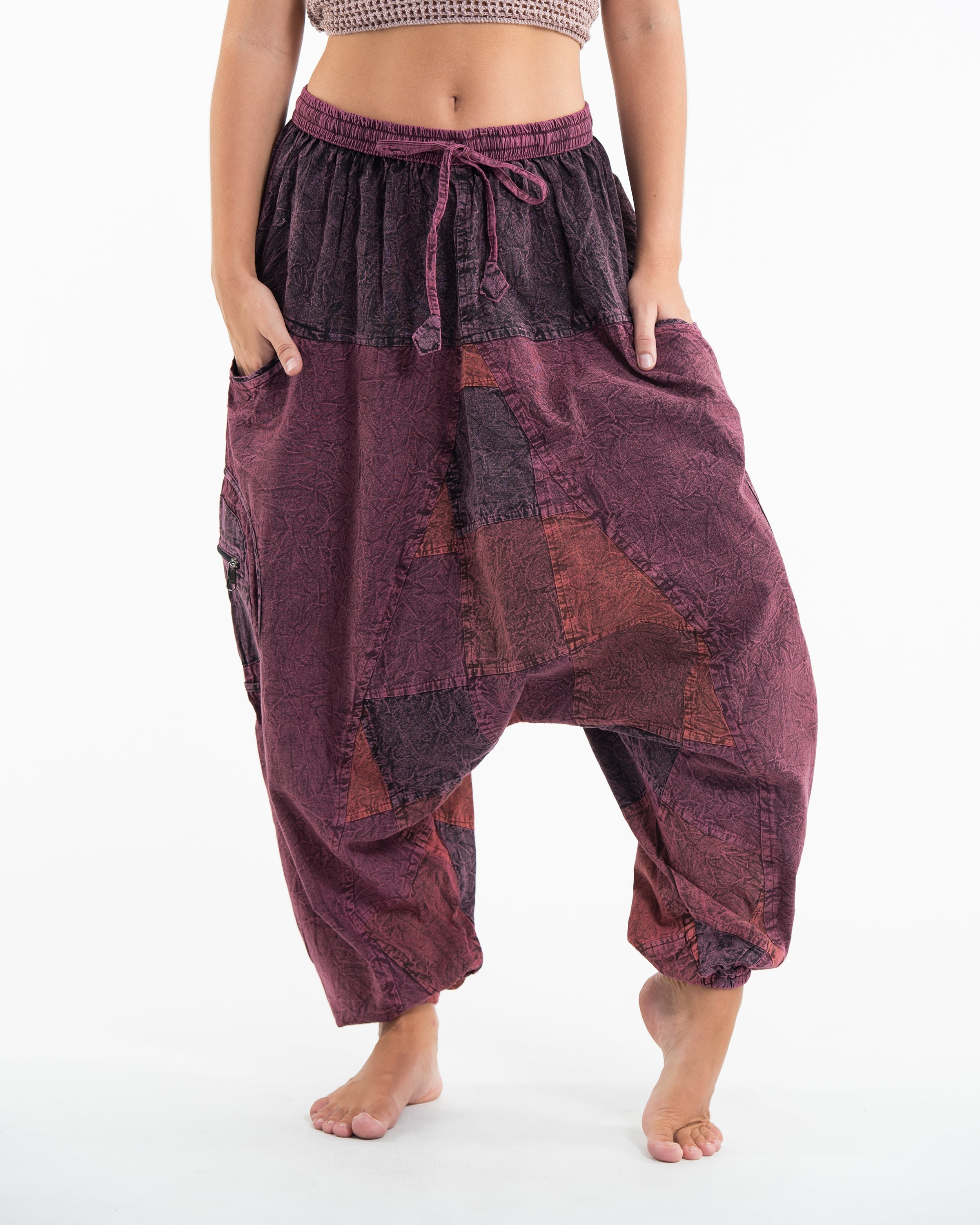 Womens Patchwork Stone Washed Low Cut Cotton Pants in Maroon 03