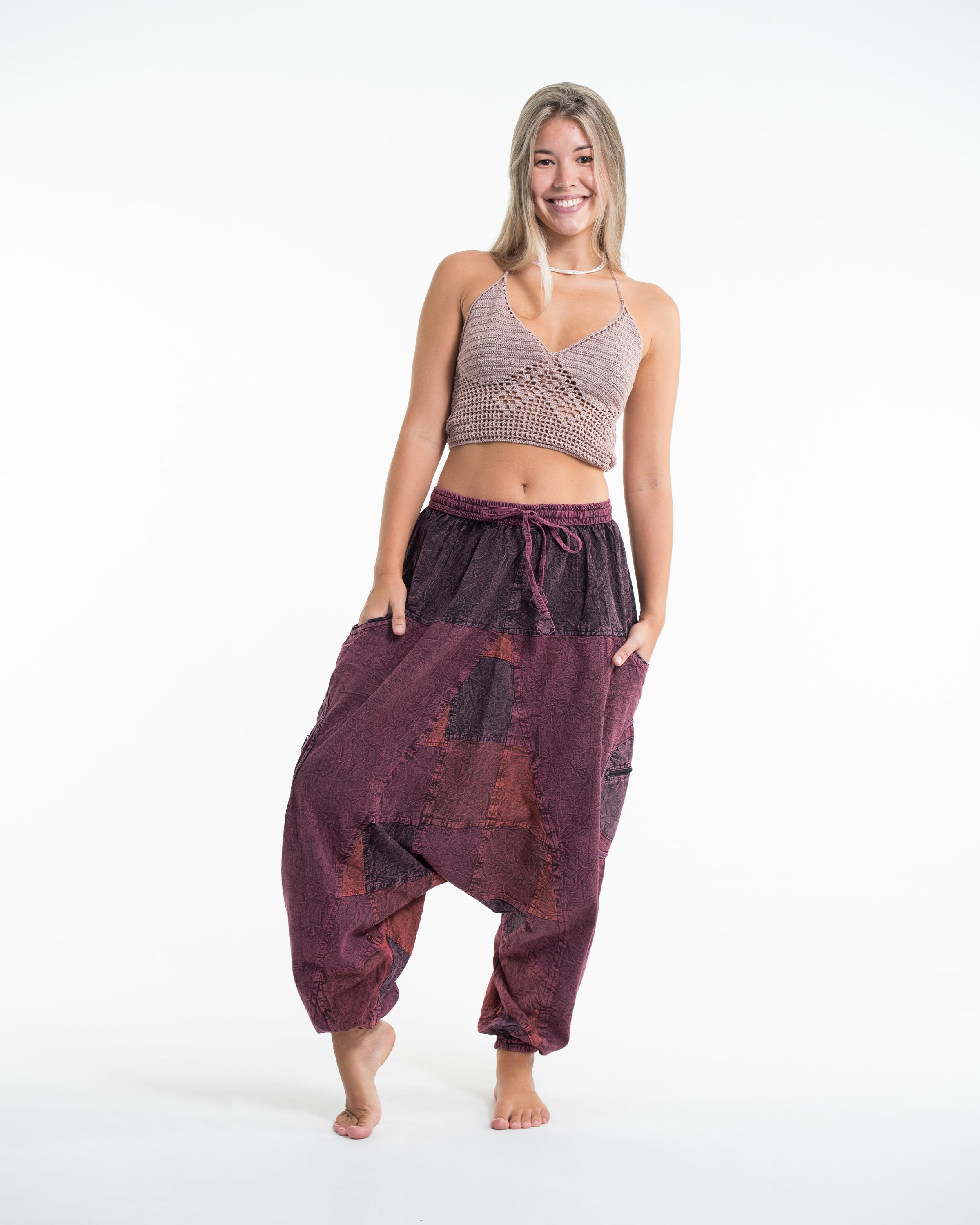 Mens Patchwork Stone Washed Low Cut Cotton Pants in Maroon 03