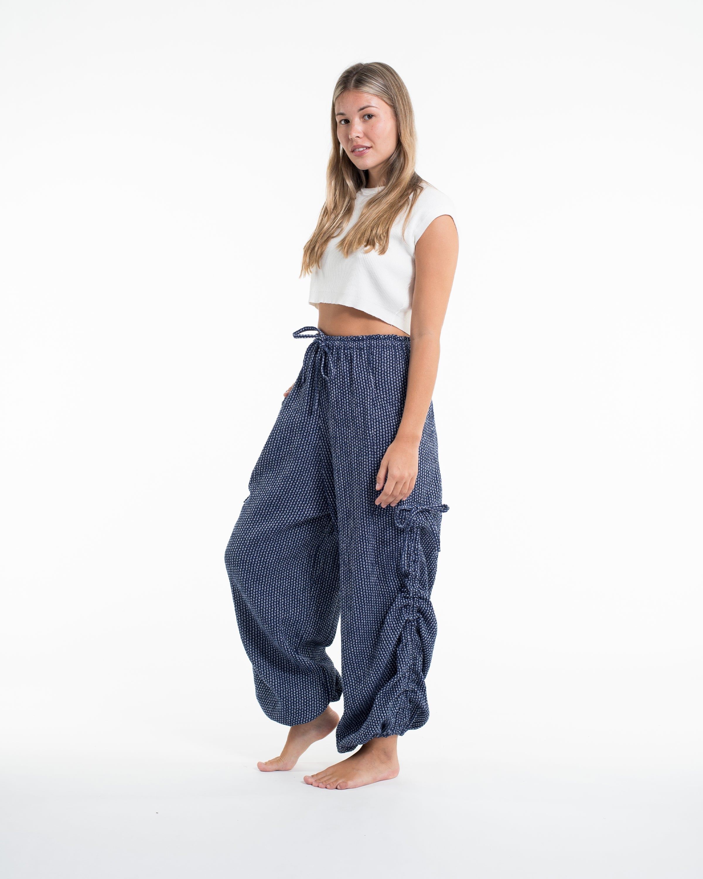 Women's Ribbed Linen Cotton Blend Pants in Blue
