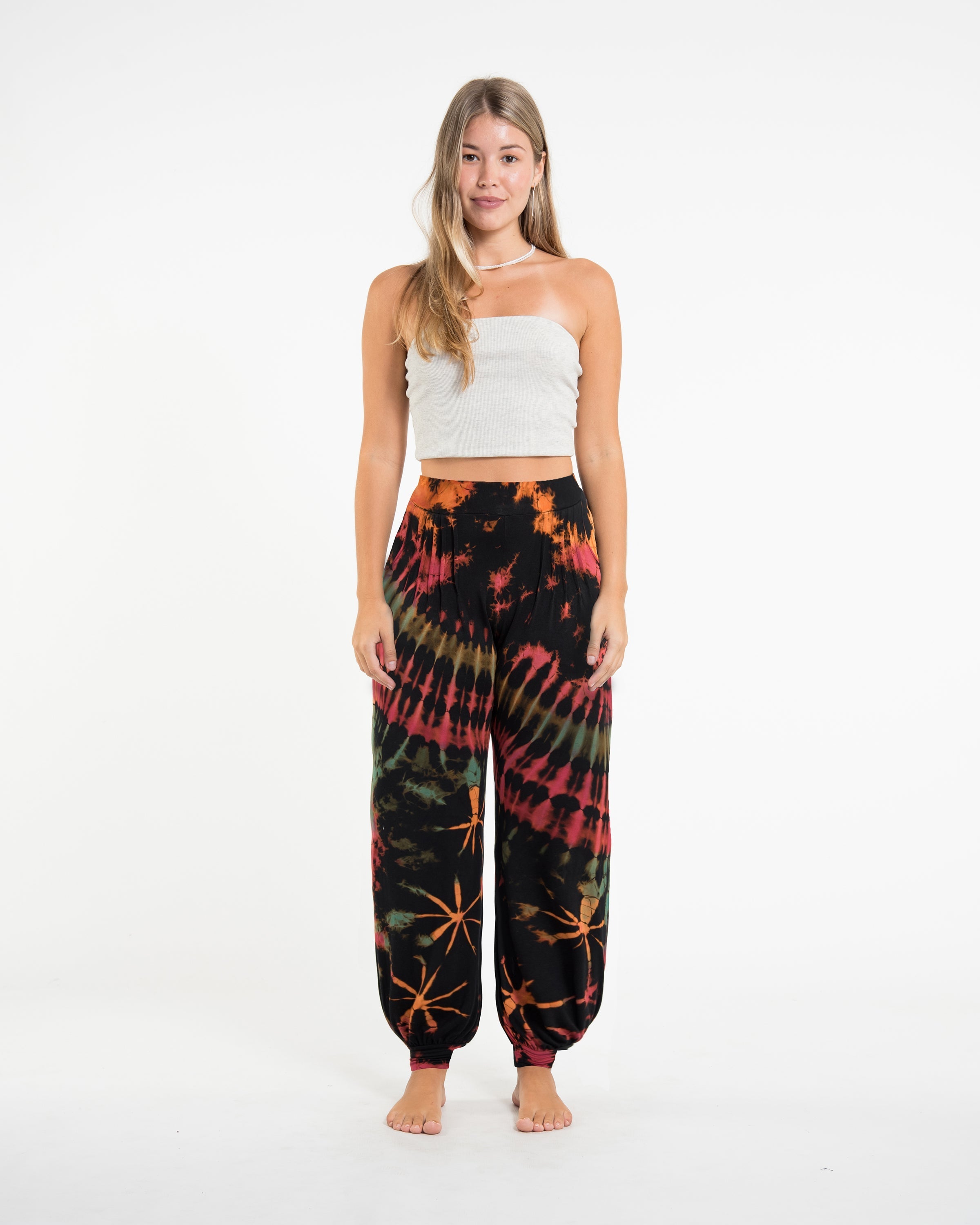 Tie Dye Cotton Women Harem Pants in Black Pink