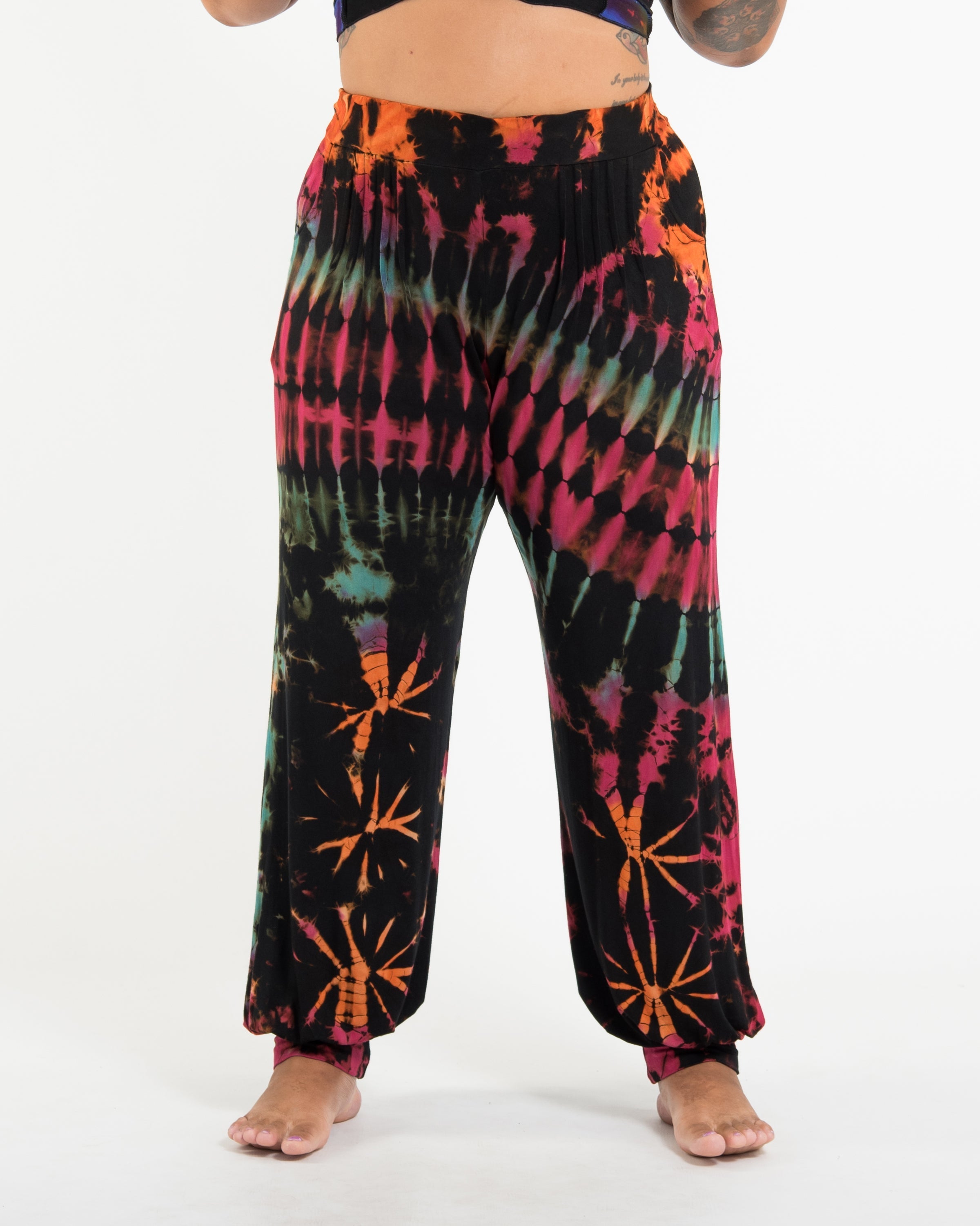 Plus Size Tie Dye Cotton Women Harem Pants in Black Pink