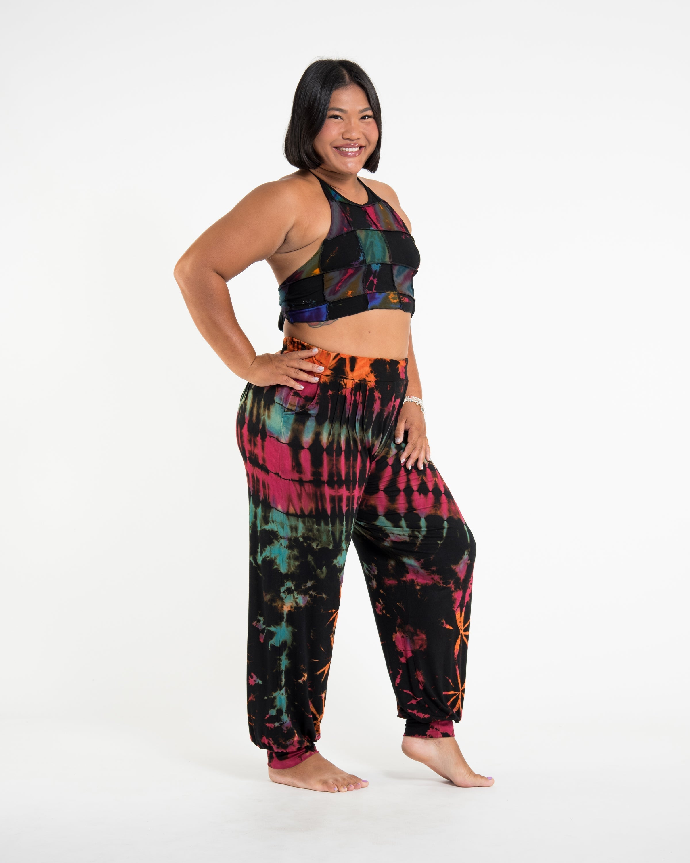 Plus Size Tie Dye Cotton Women Harem Pants in Black Pink