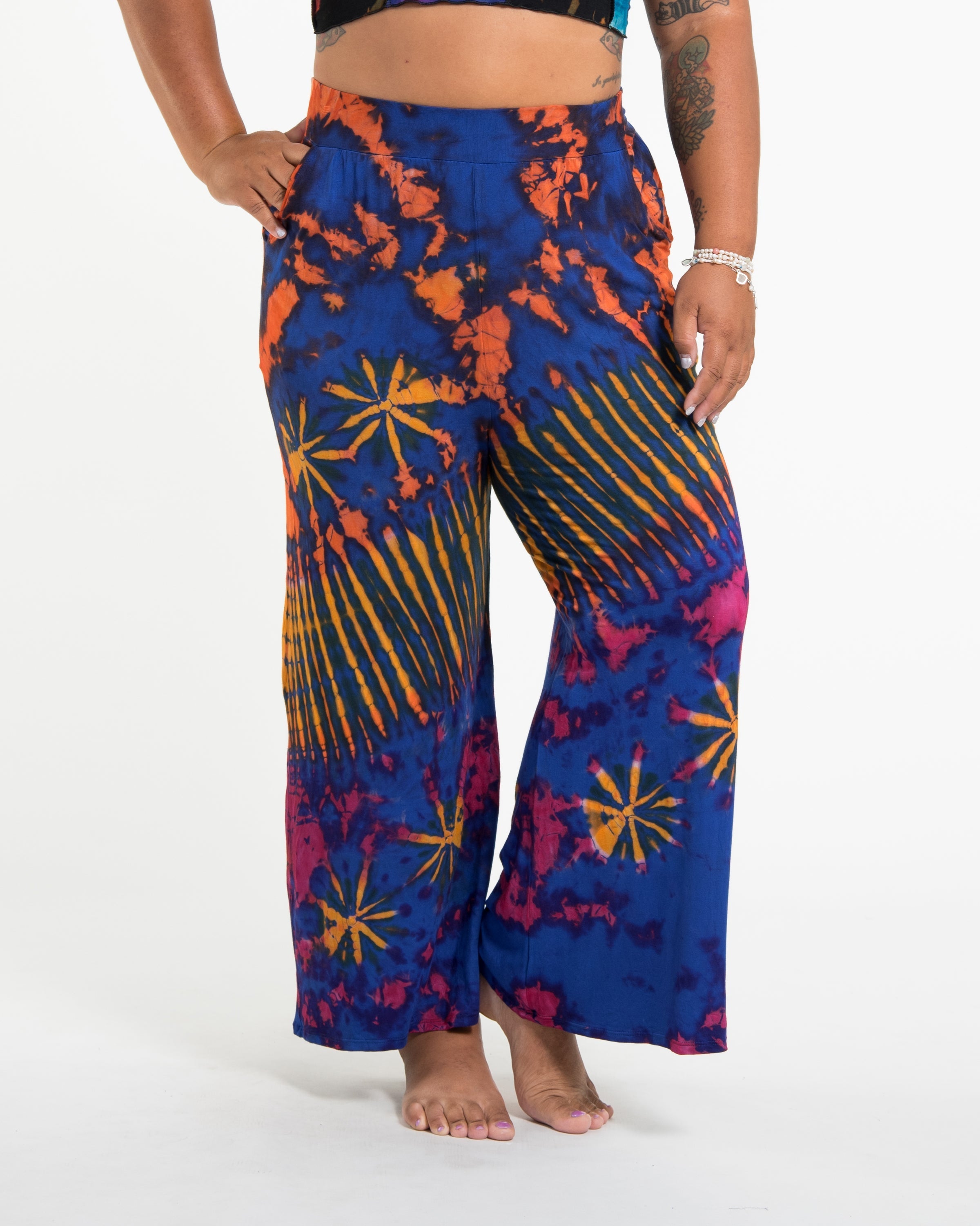 Plus Size Tie Dye Wide Leg Palazzo Harem Pants Cotton in Blue