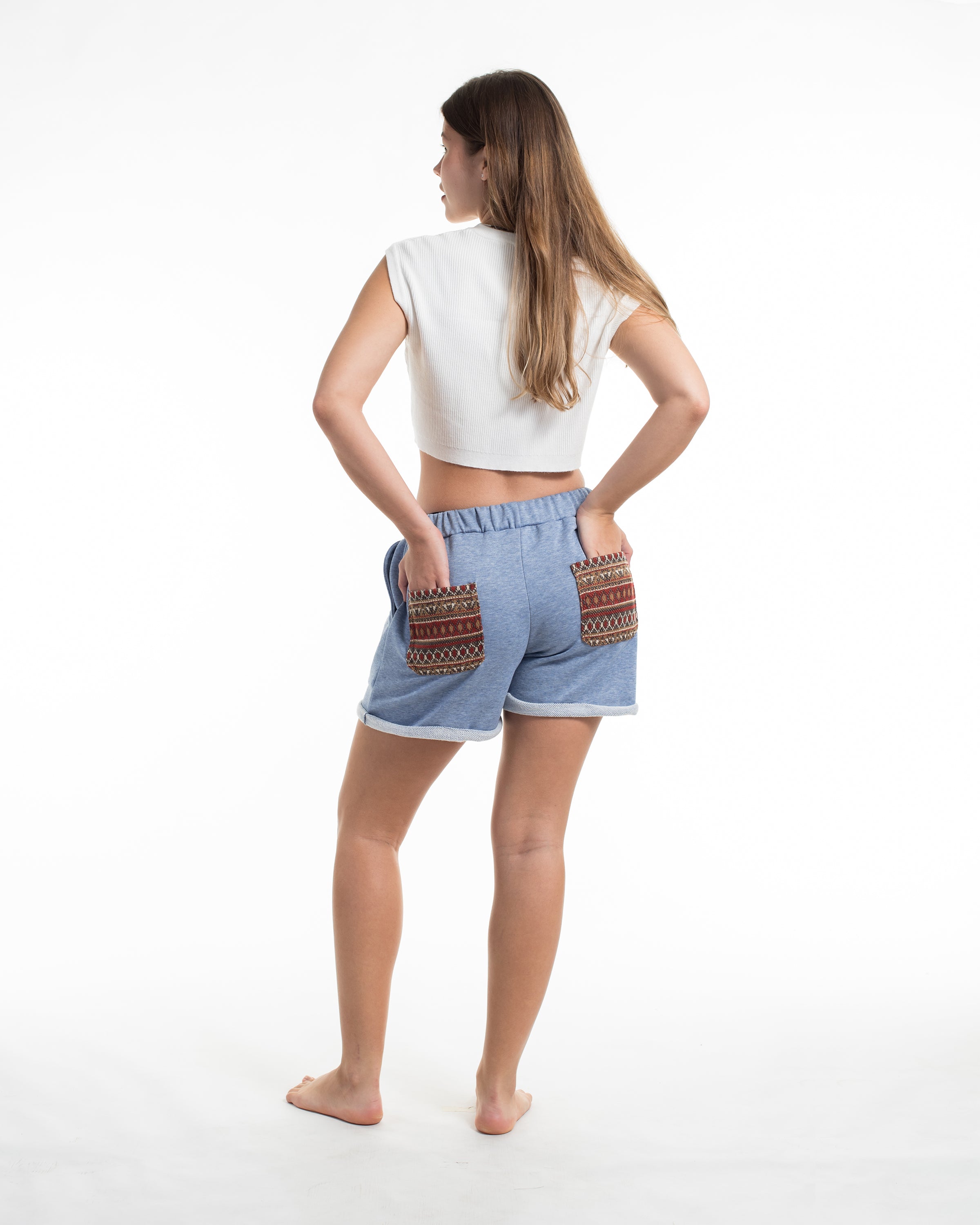 Women's Terry Shorts with Tribal Pockets in Light Blue (Size S - L)