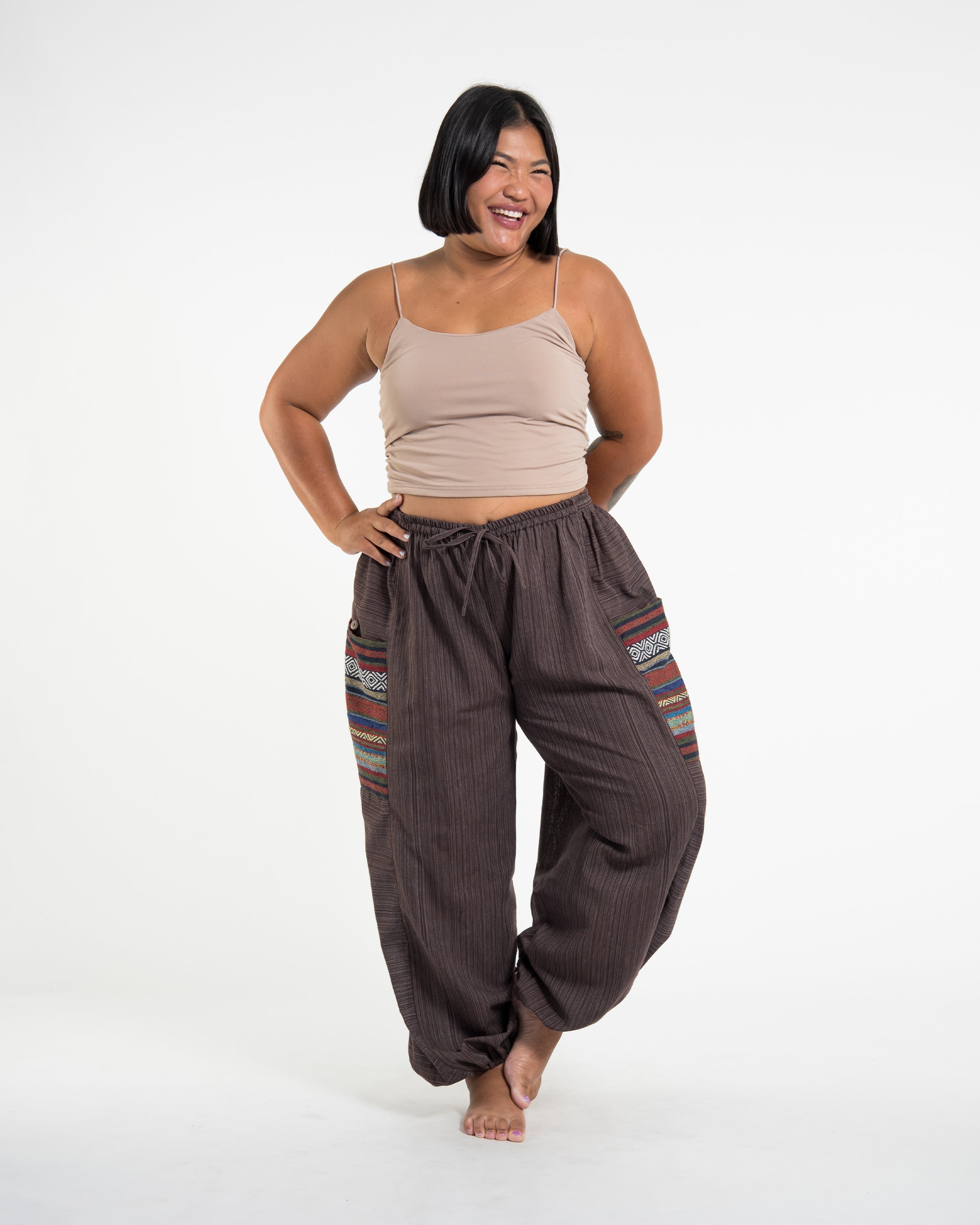 Plus Size Women's Drawstring Pinstripes Cotton Pants with Aztec Pocket in Brown