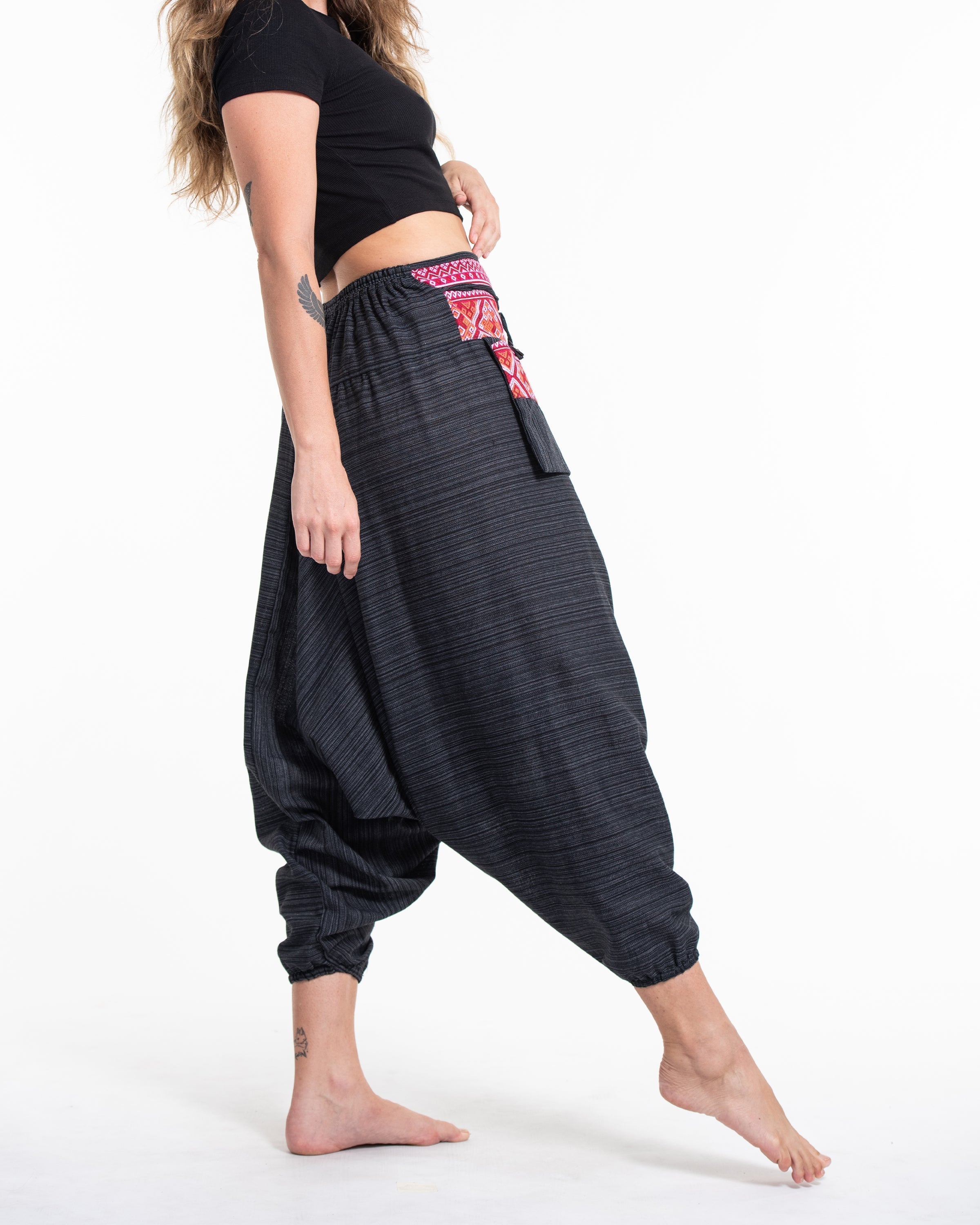 Pinstripe Cotton Low Cut Women's Harem Pants With Hill Tribe Trim Black