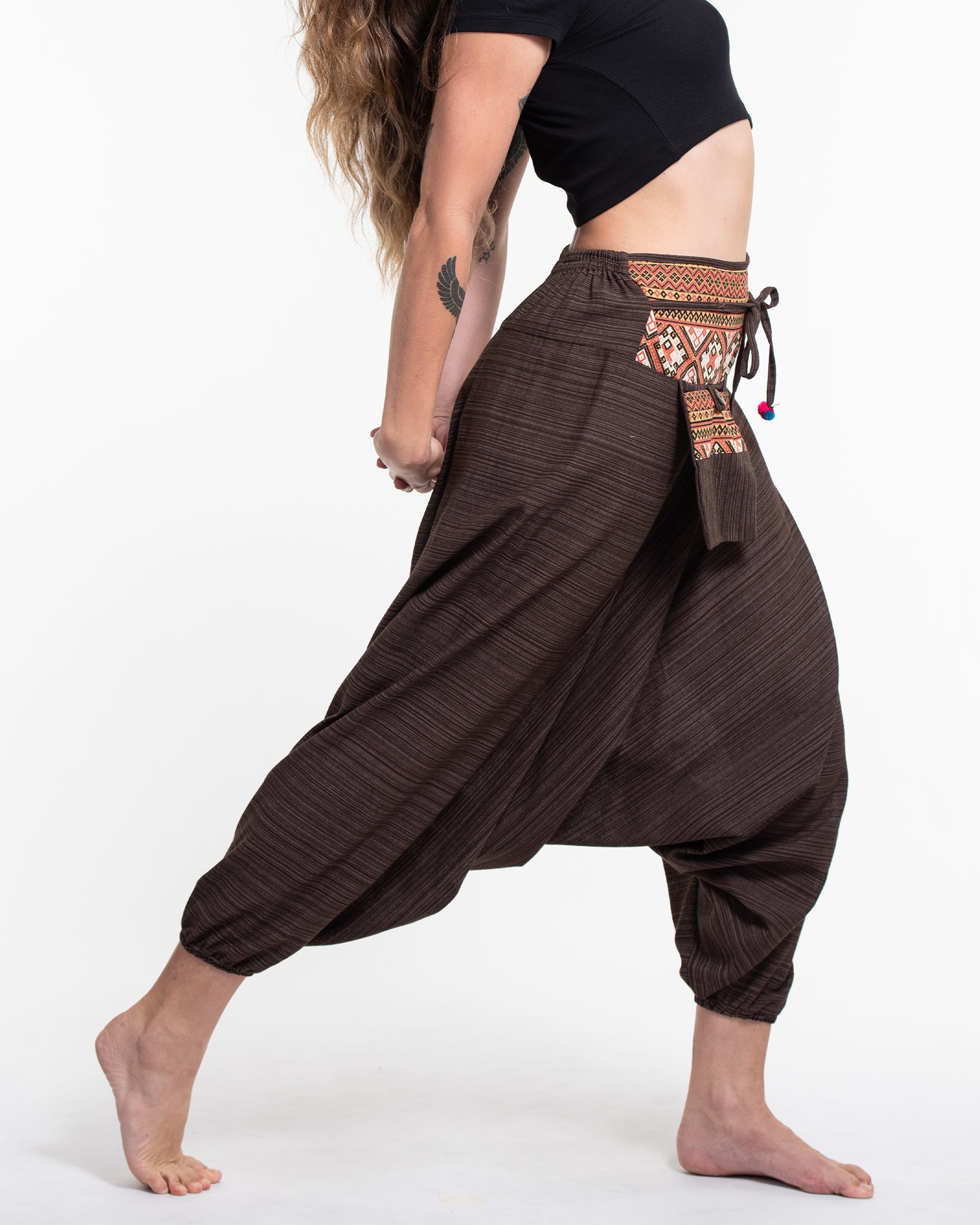 Pinstripe Cotton Low Cut Women's Harem Pants With Hill Tribe Trim Brown