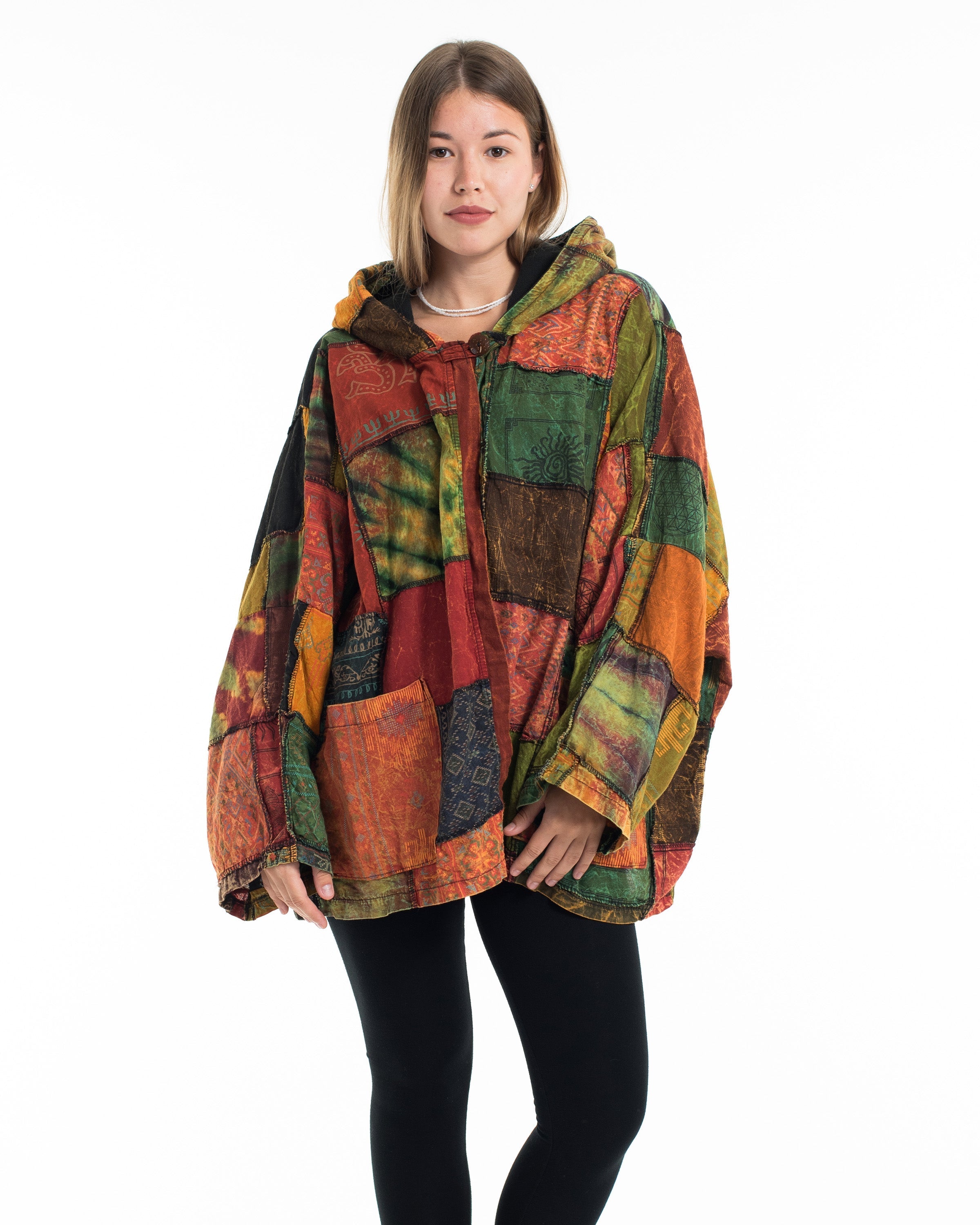 Patchwork Stonewash Hooded Jacket in Multi Orange