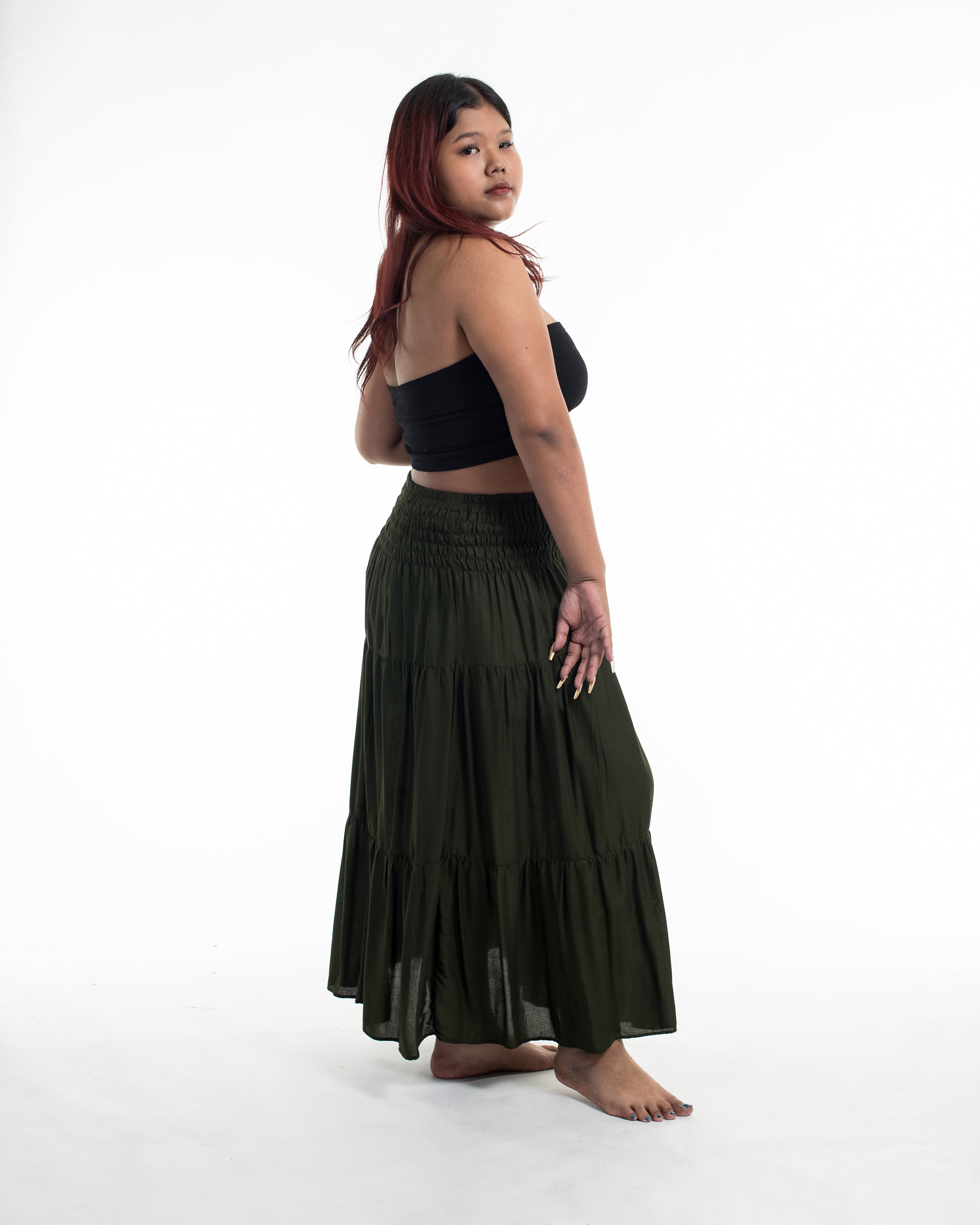 Plus Size Solid Color Midi Skirt in Dark Green