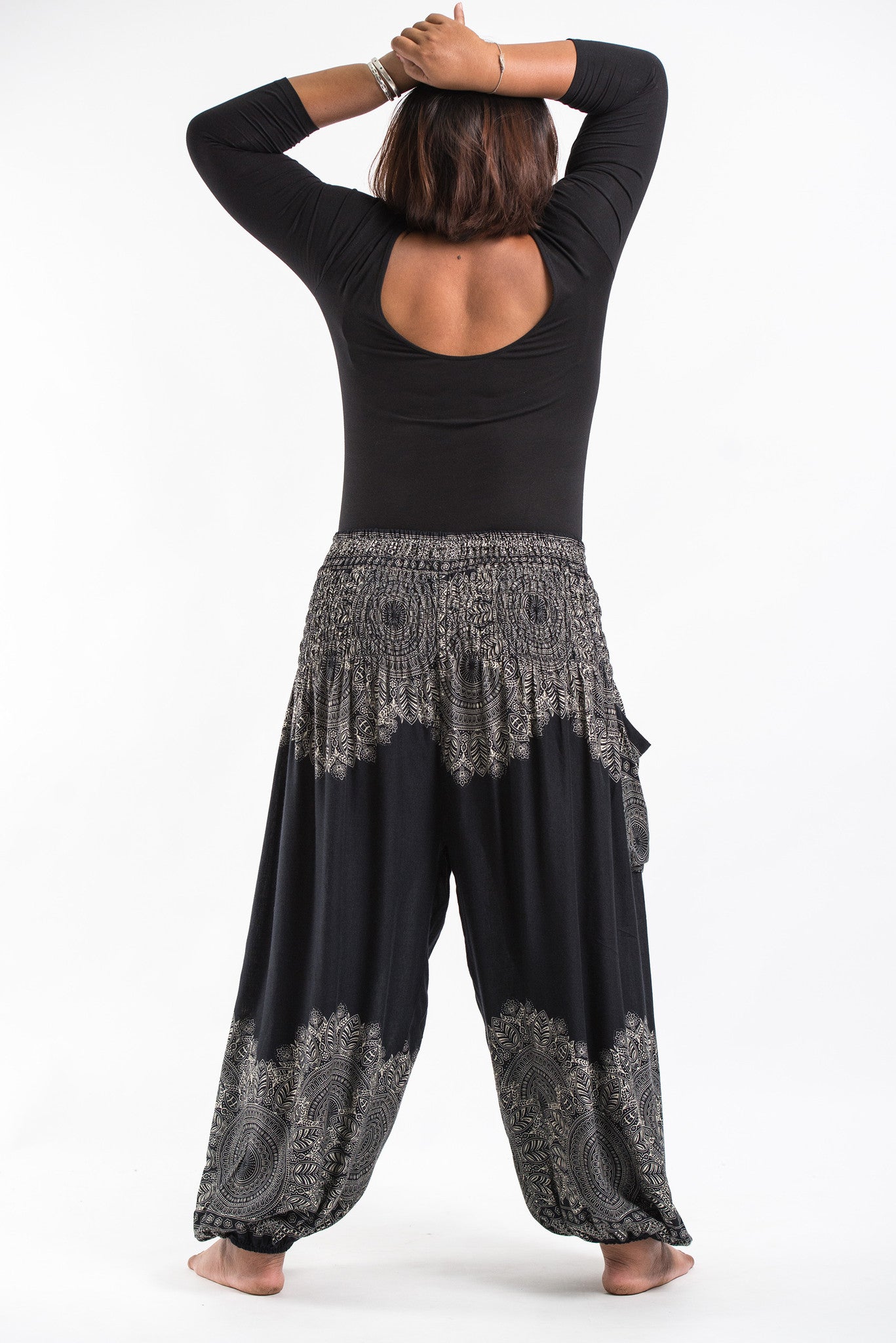 Plus Size Floral Mandalas Women's Harem Pants in Black