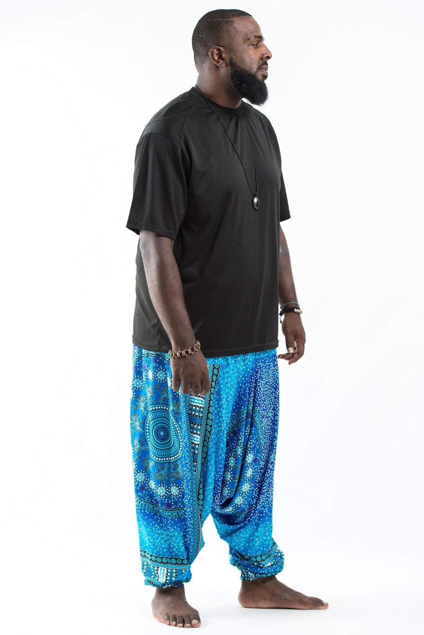 Plus Size Tribal Chakras Drop Crotch Men's Harem Pants in Blue