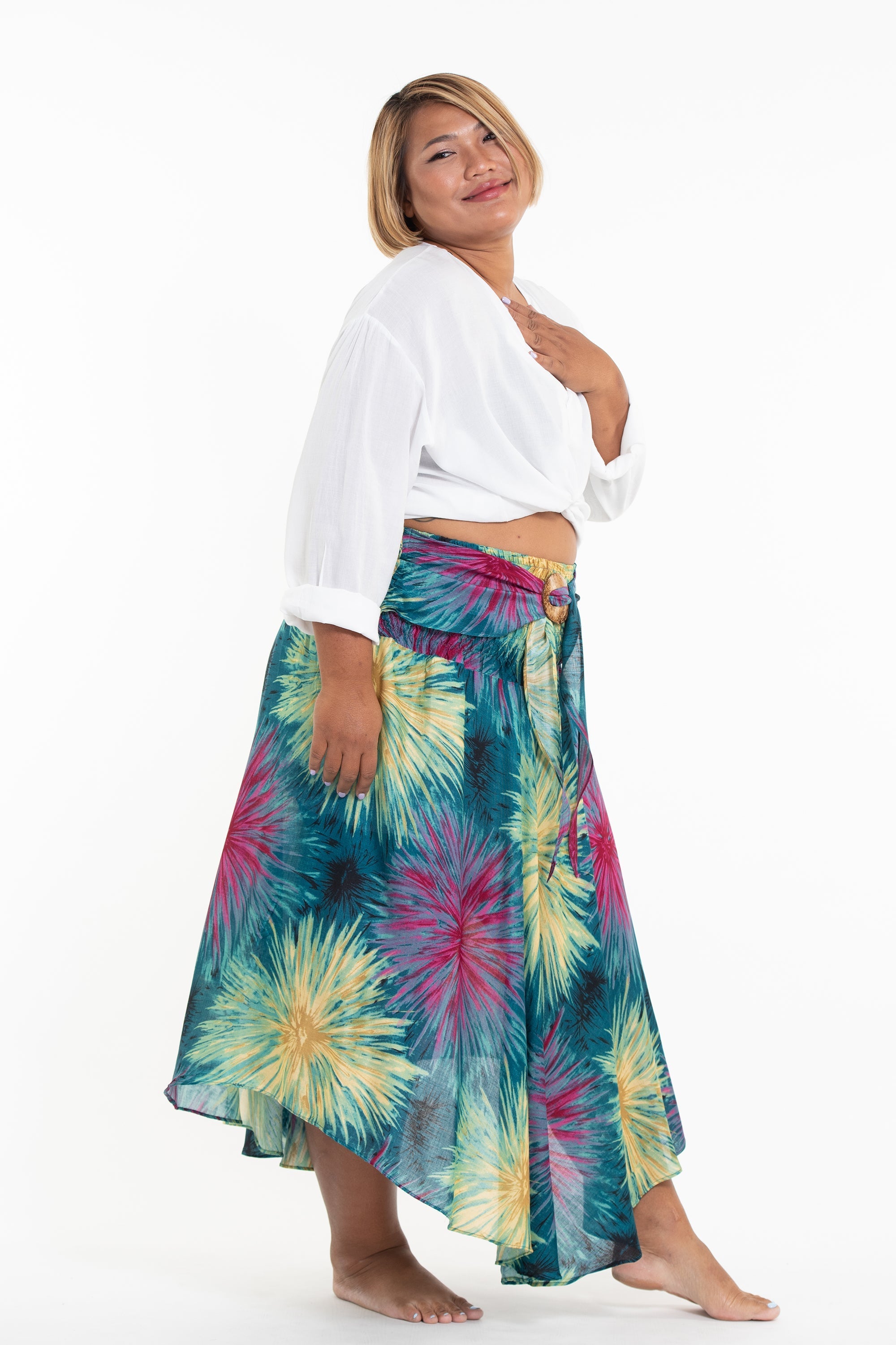 Plus Size Firework Handkerchief Midi Skirt in Turquoise