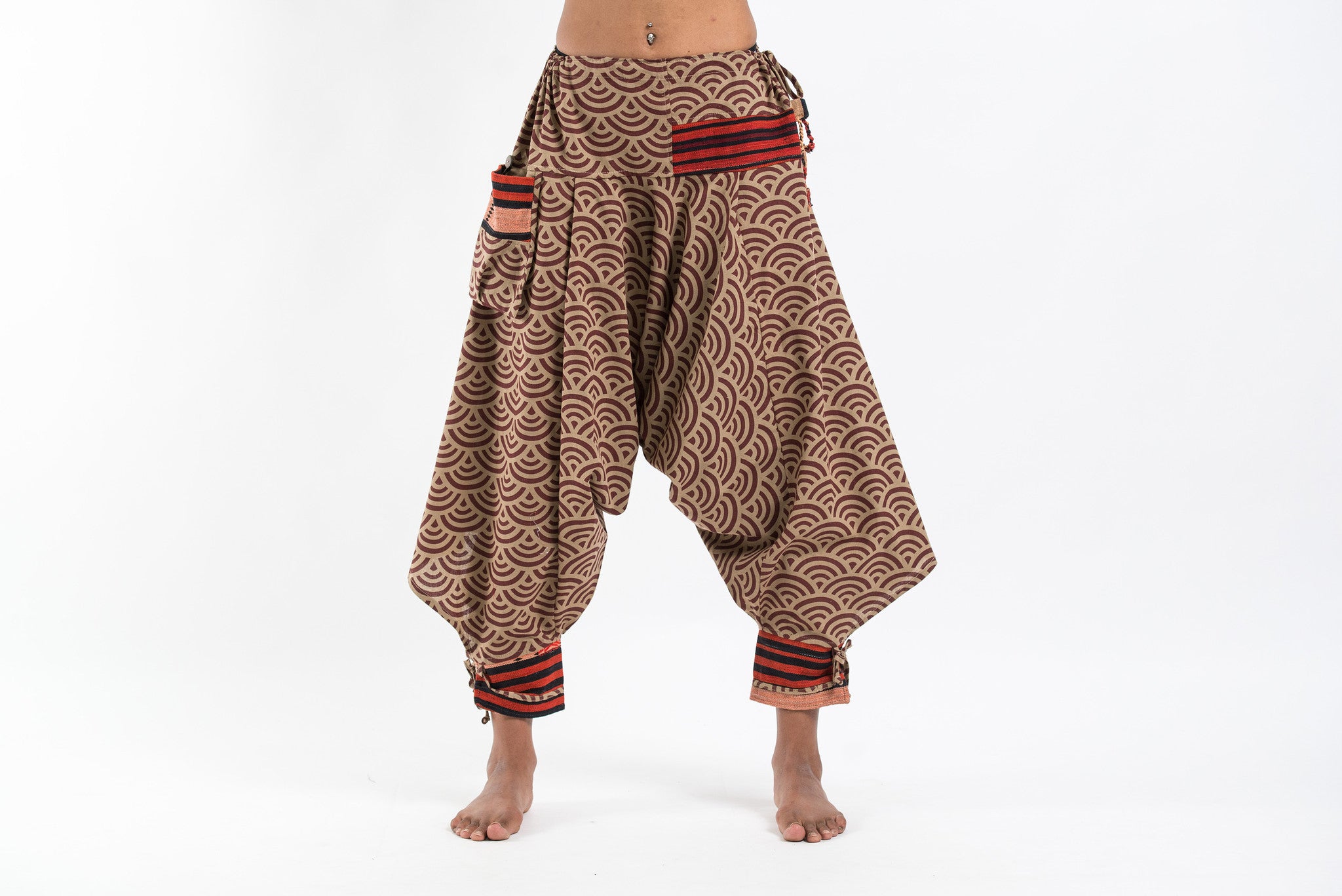 Seigaiha Wave Print Hill Tribe Drawstring Women's Harem Pants with Ankle Straps