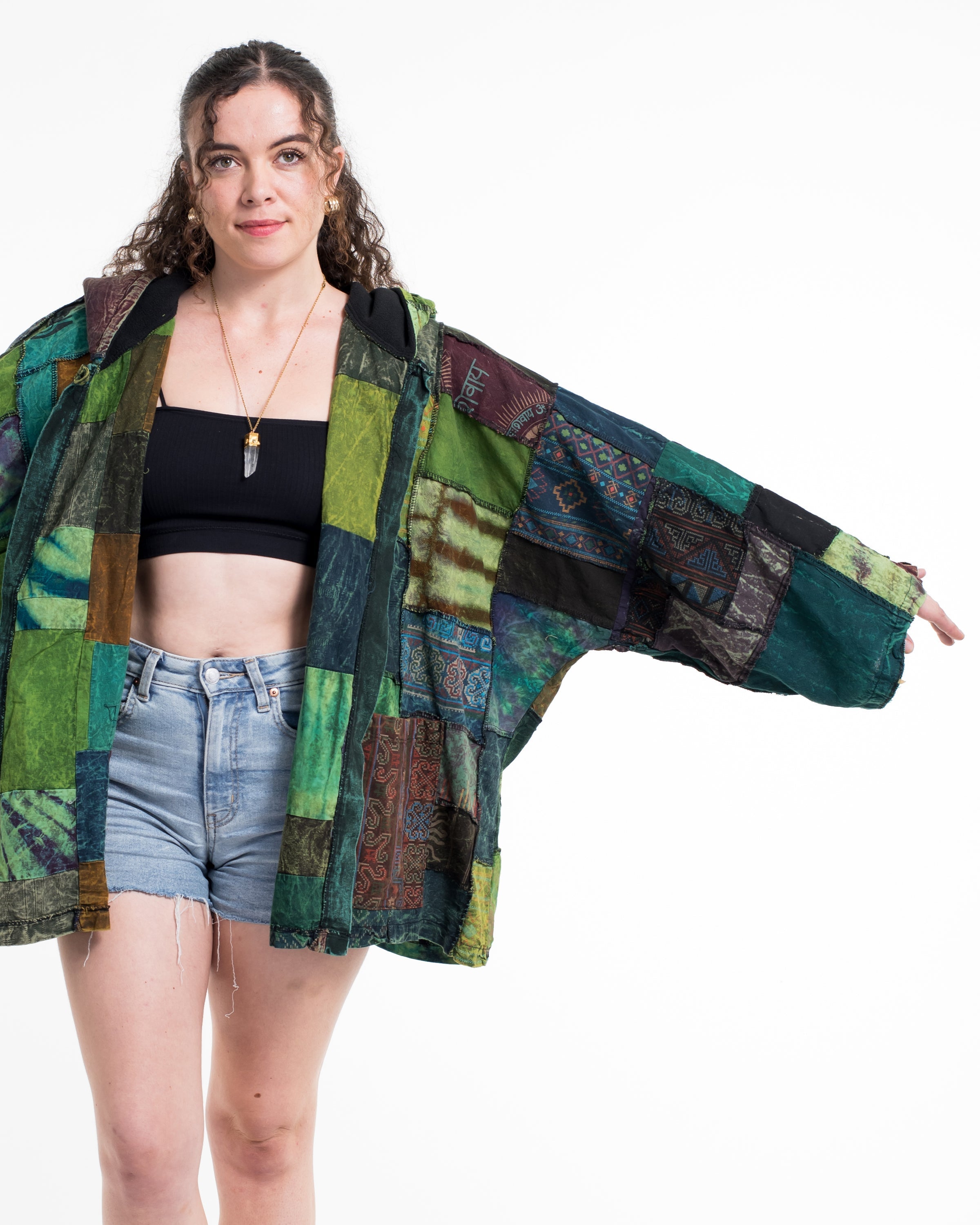 Patchwork Stonewash Hooded Jacket in Multi Green
