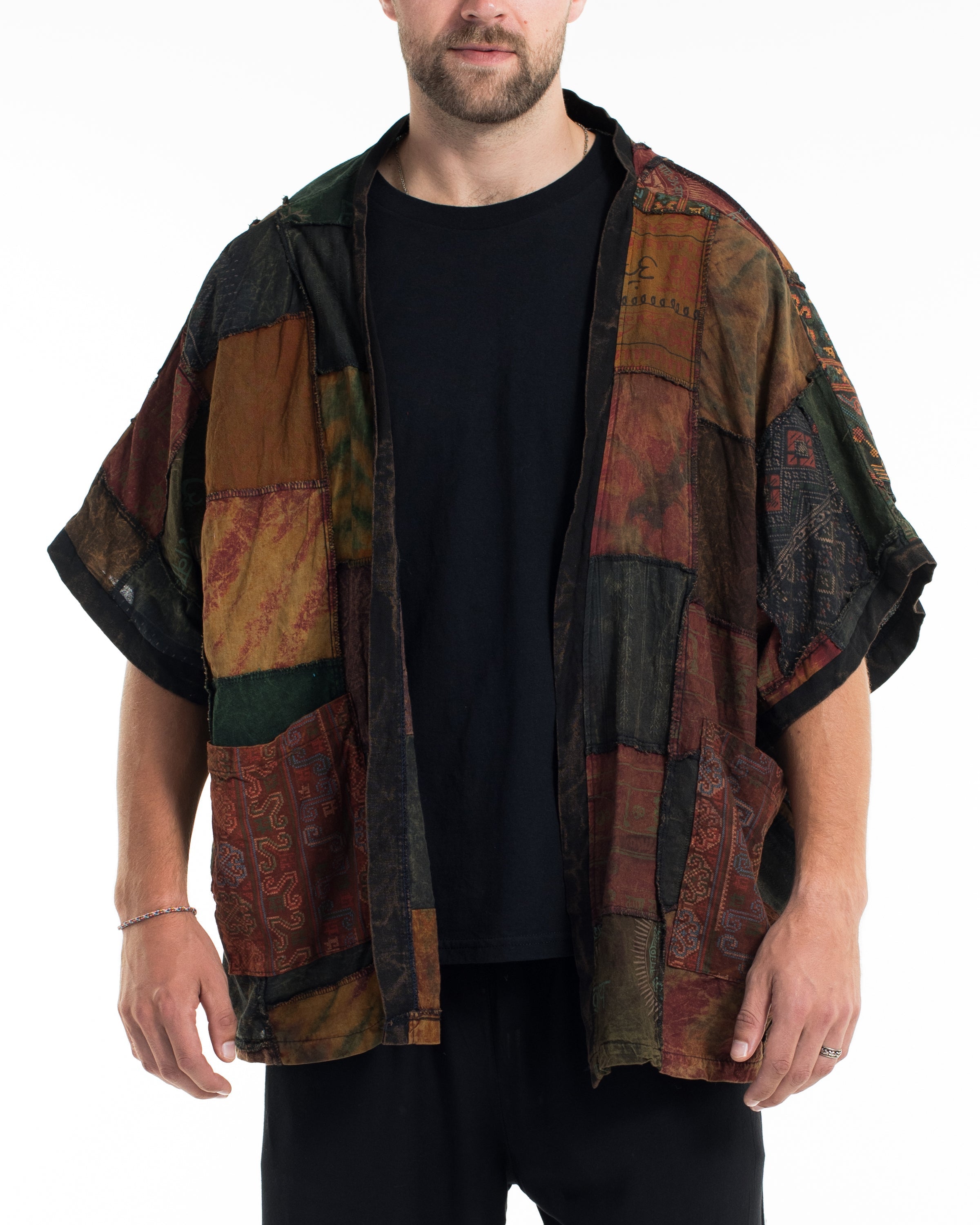 Patchwork Stonewash Cardigan in Multi Olive
