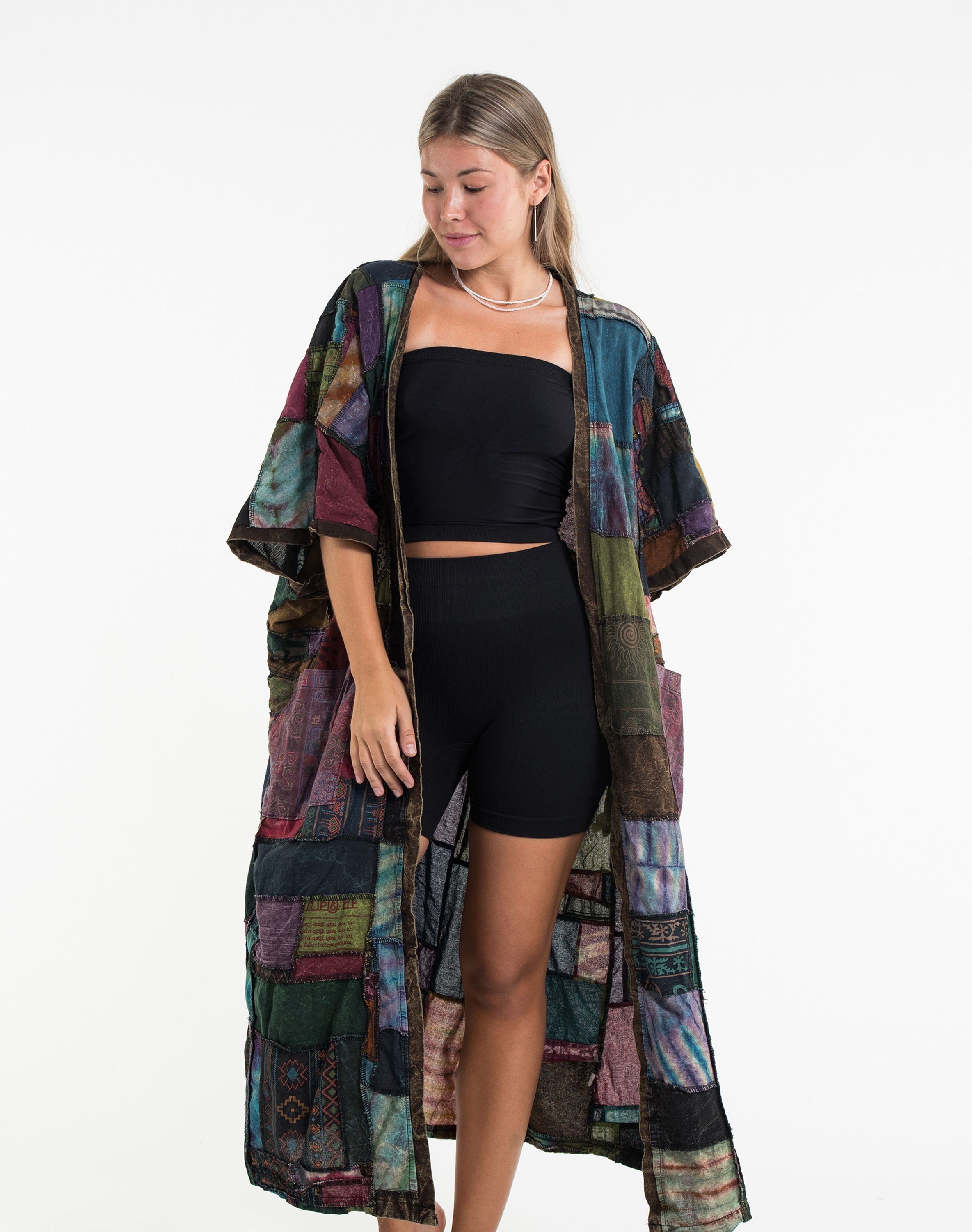 Patchwork Stonewash Long Kimono Robe in Multi Brown
