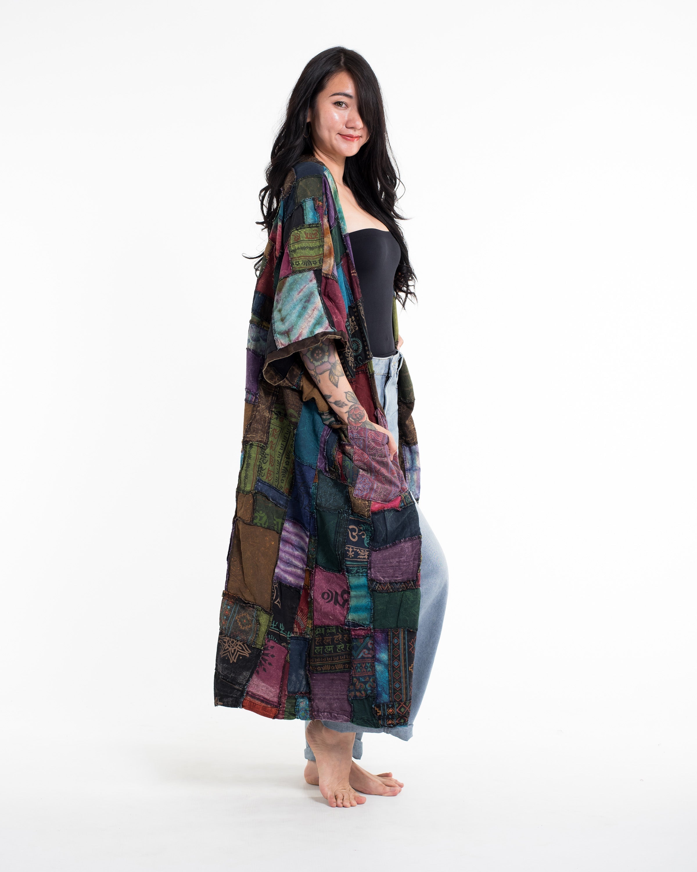 Patchwork Stonewash Long Kimono Robe in Multi Brown