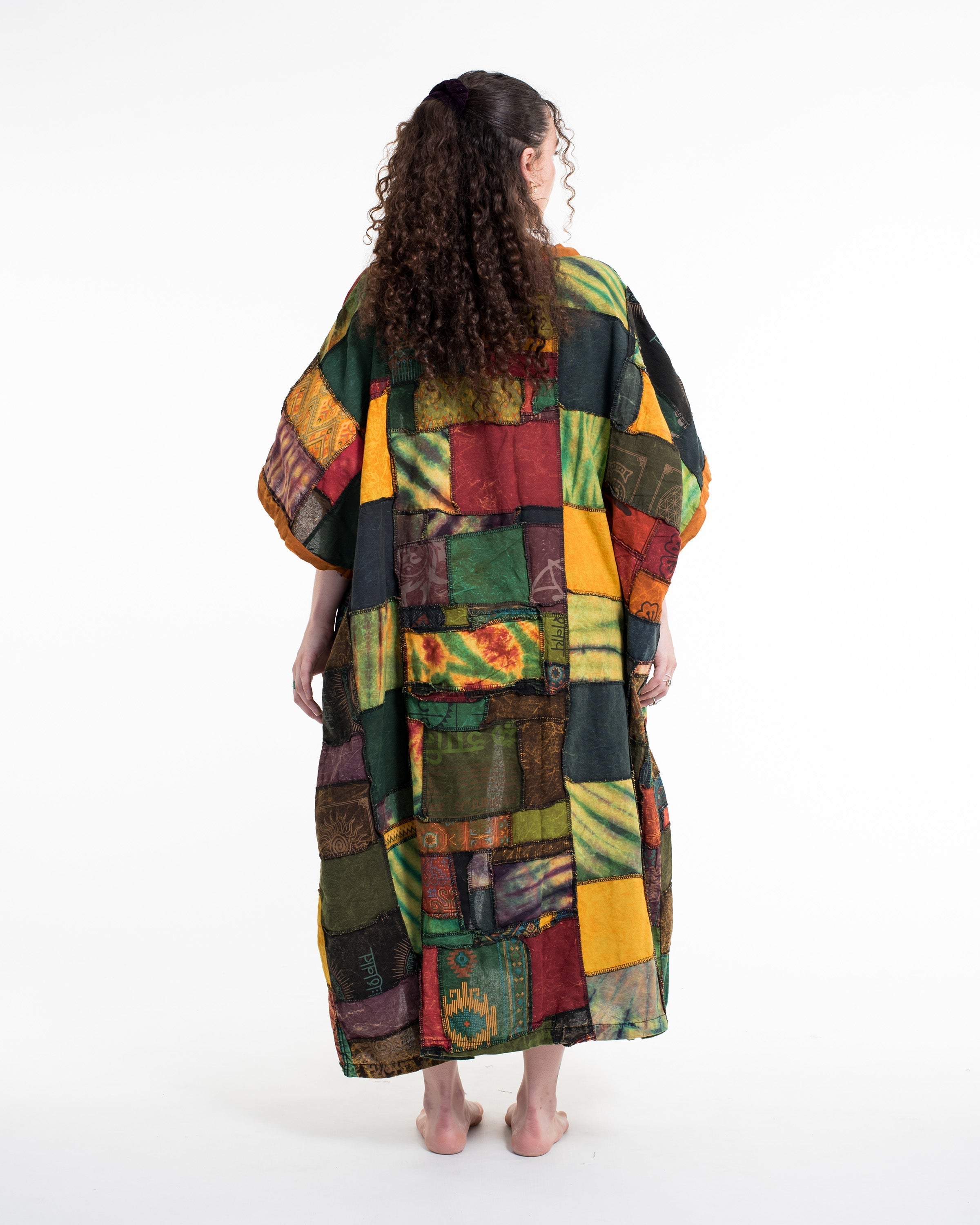 Patchwork Stonewash Long Kimono Robe in Multi Yellow