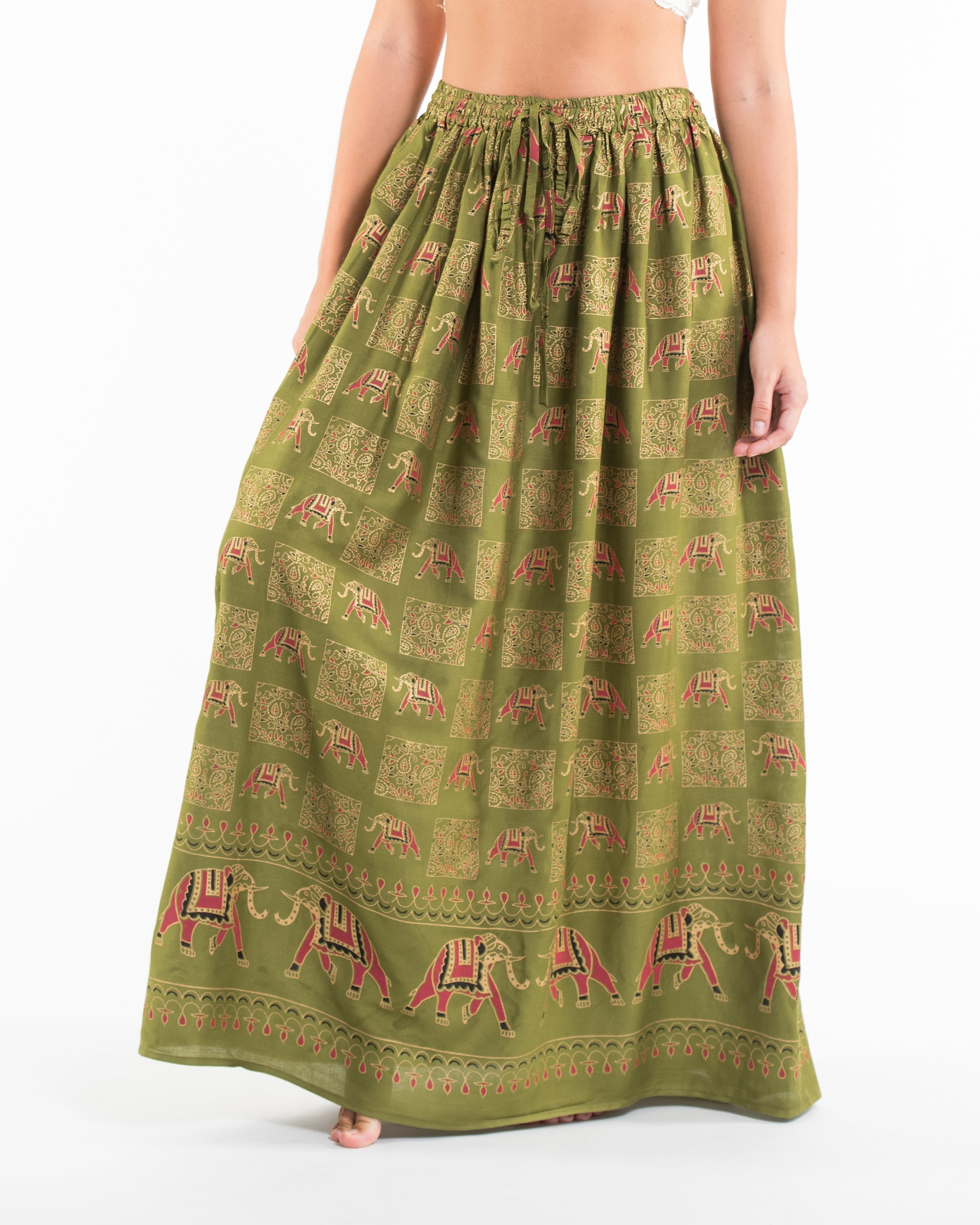 Elephant Print Midi Skirt in Olive