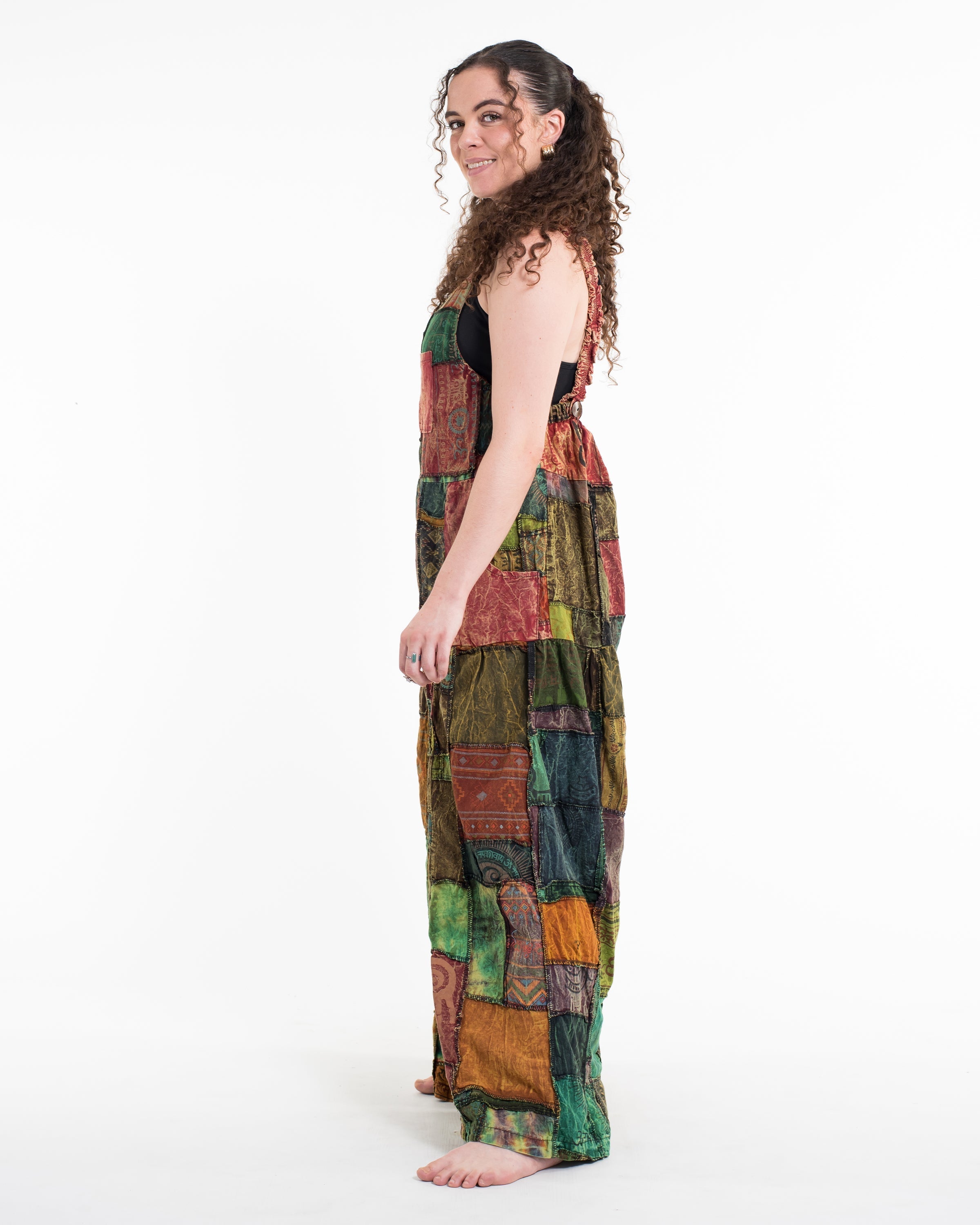 Patchwork Stonewash Overall in Multi Red