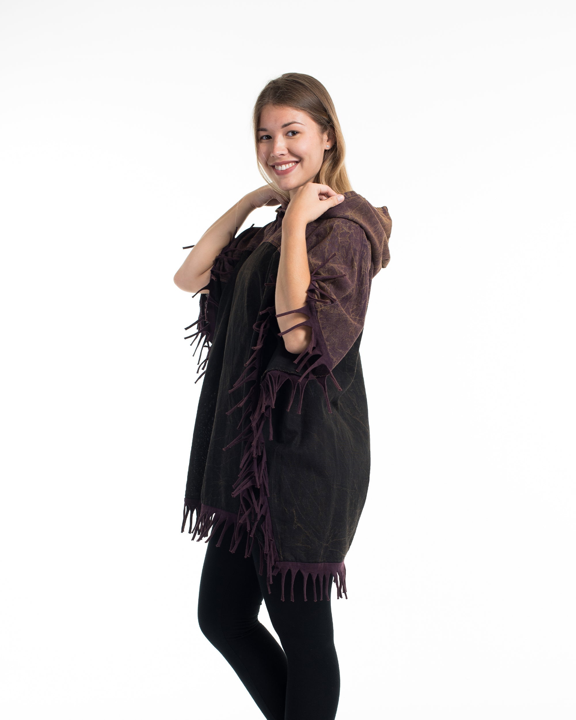 Unisex Stonewash Hooded Poncho in Black Purple