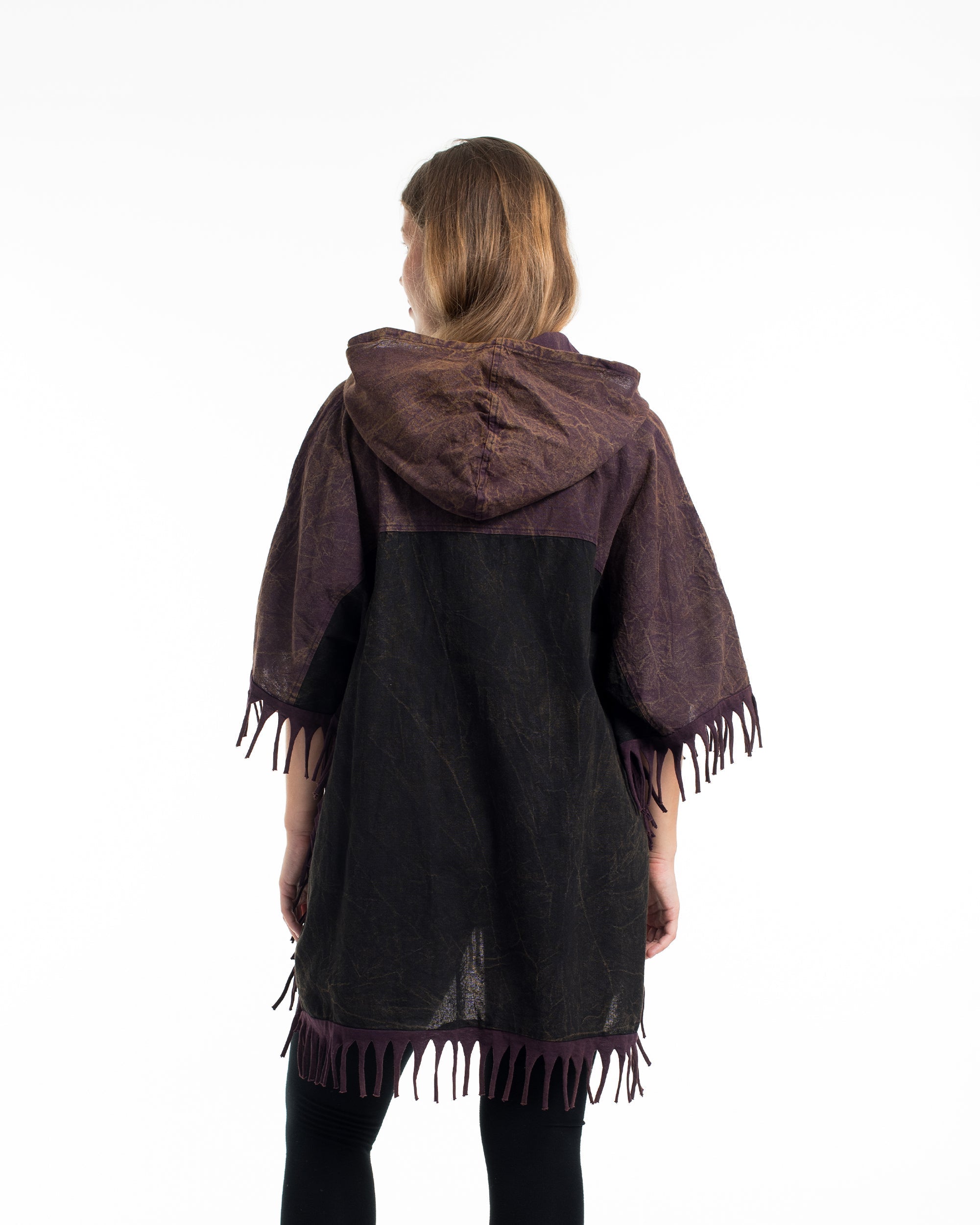 Unisex Stonewash Hooded Poncho in Black Purple