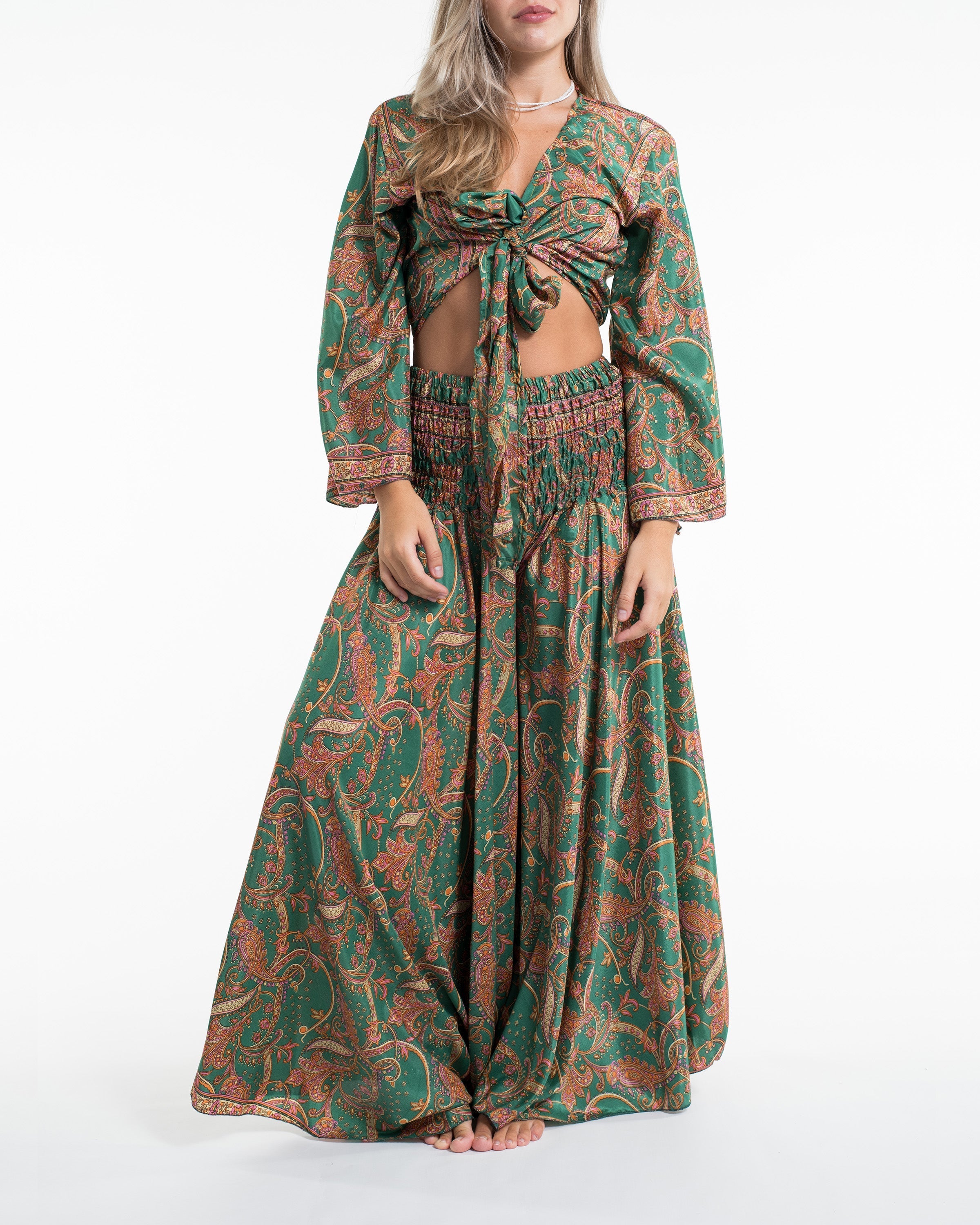 Celestial Paisley Tie Top and Palazzo Pants in Green