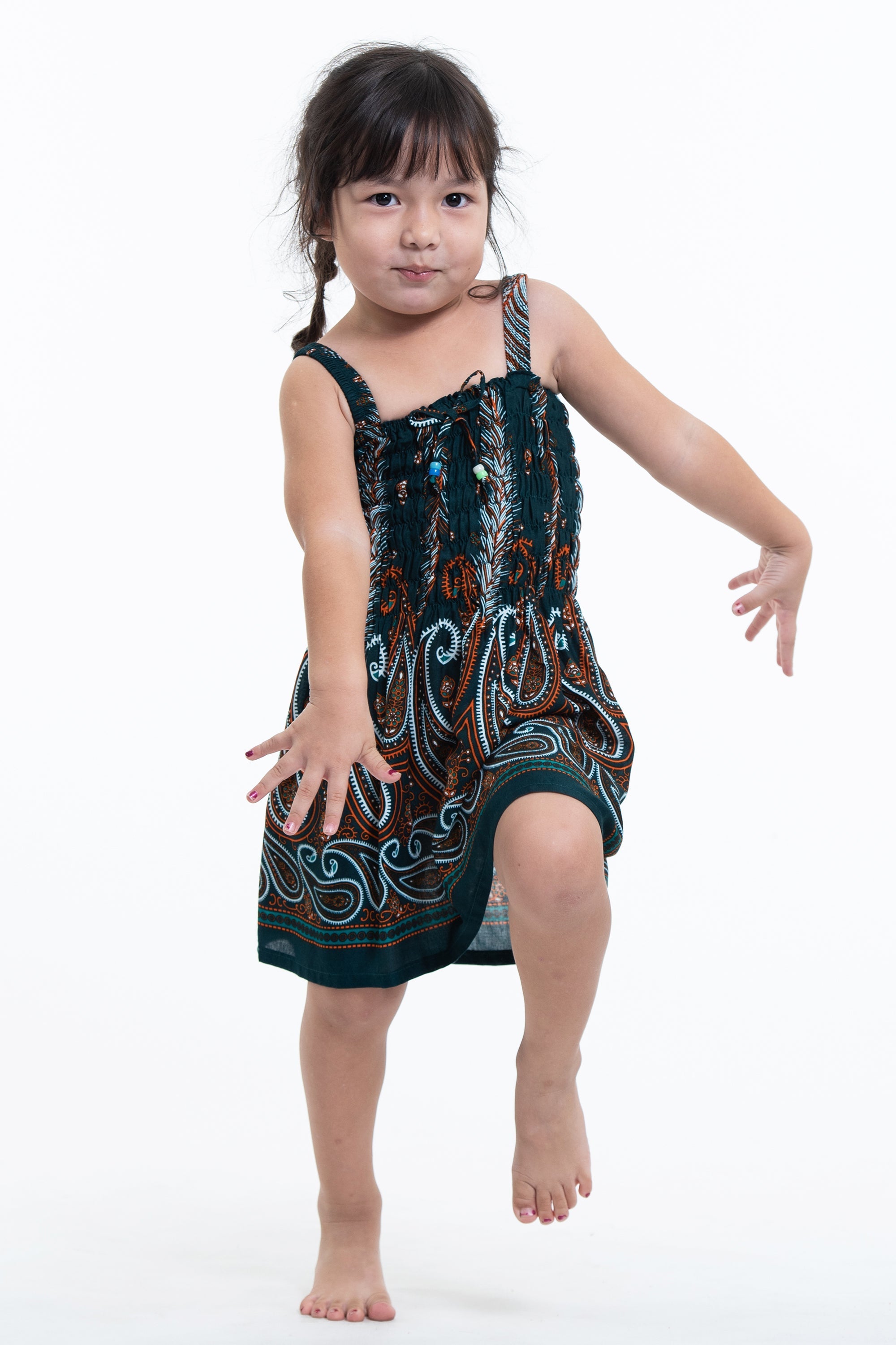 Kids Paisley Feathers Smock Dress in Green
