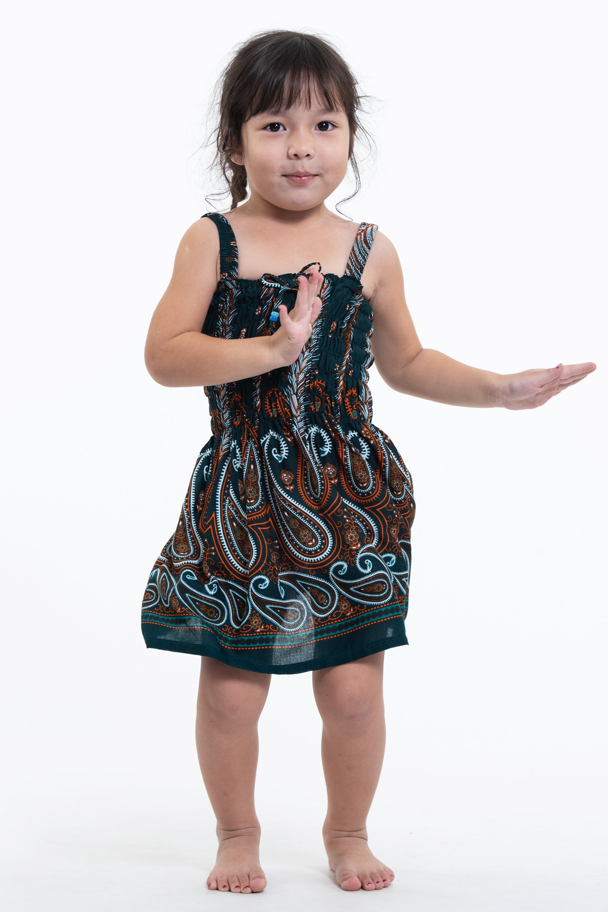 Kids Paisley Feathers Smock Dress in Green