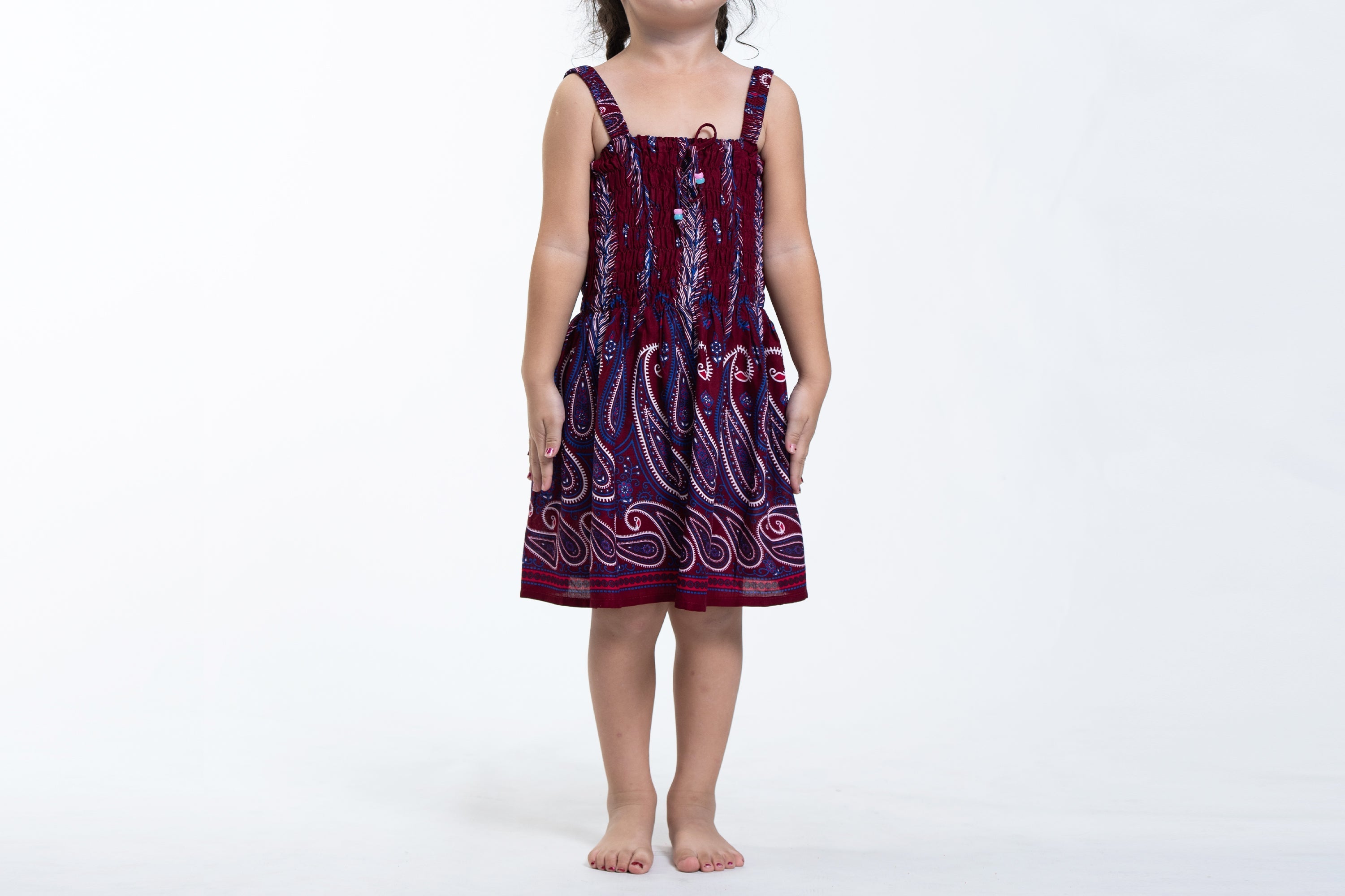 Kids Paisley Feathers Smock Dress in Red