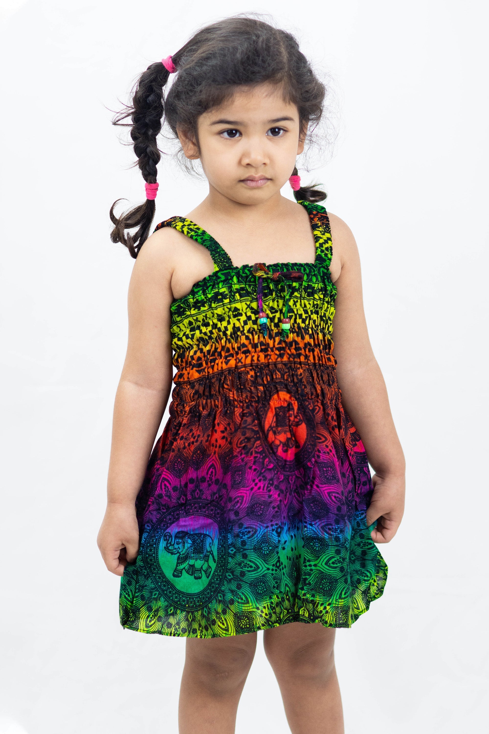 Kids Rainbow Elephant Smock Dress in Green
