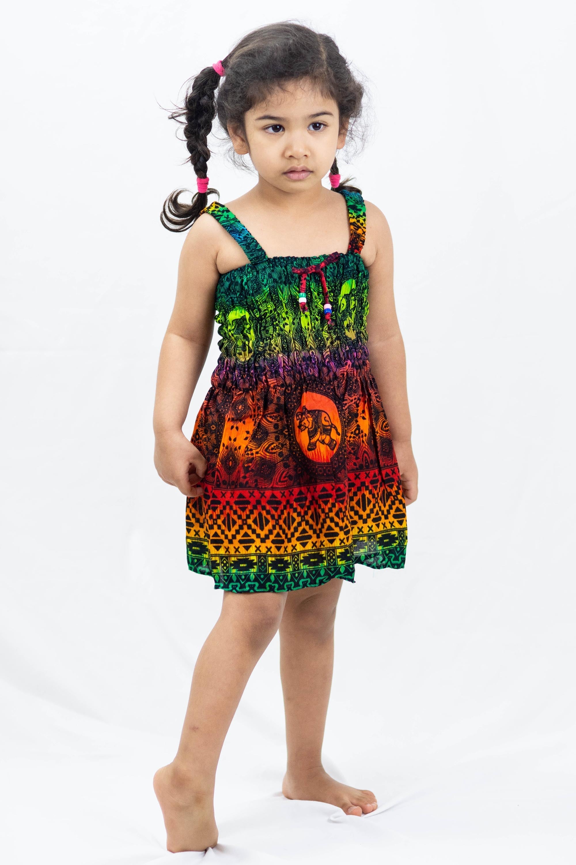 Kids Rainbow Elephant Smock Dress in Orange